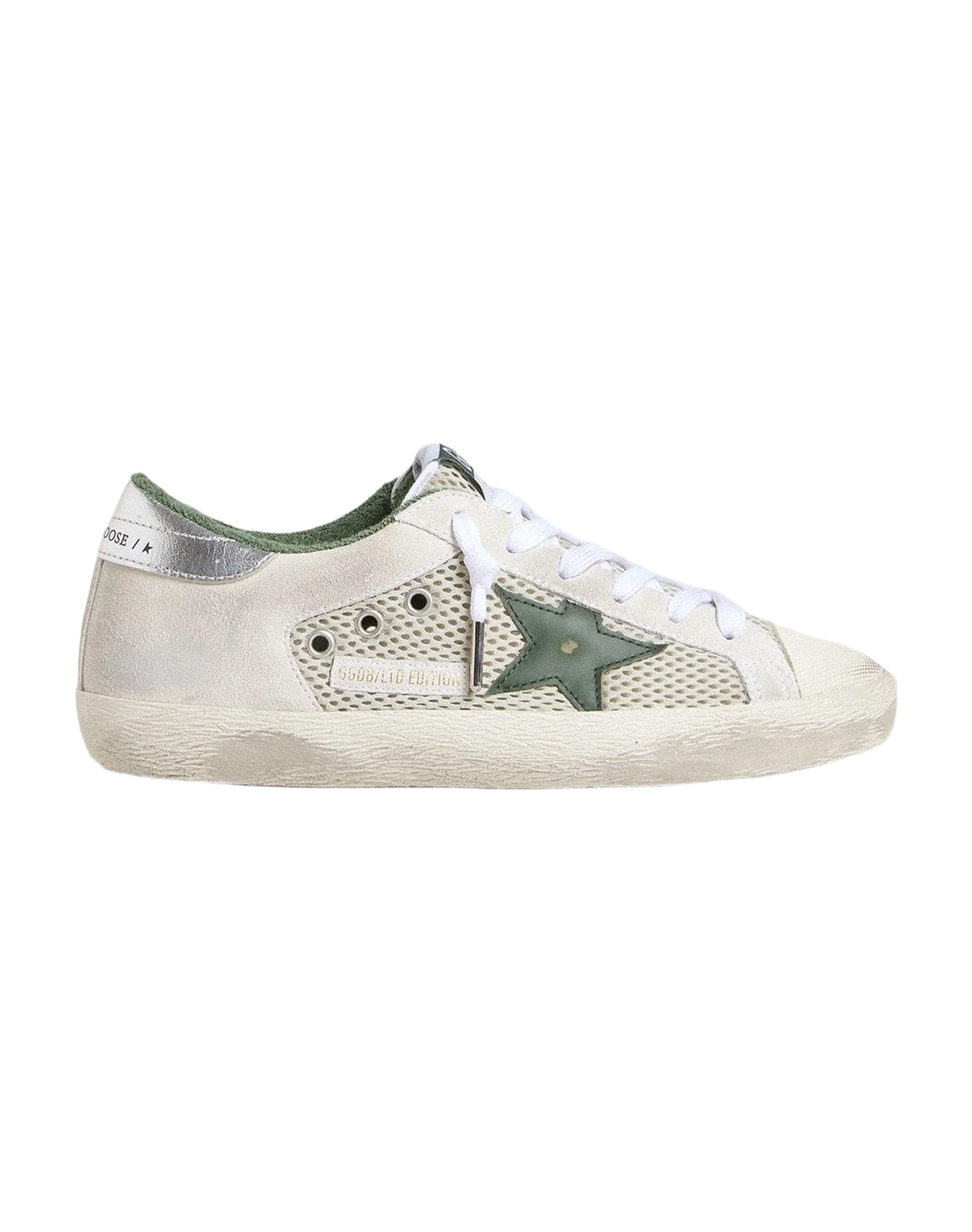 Women | Super-Star Ltd White Suede & Mesh with Green Leather Star & Silver Foiled Leather Heel Tab | White x Green x Silver - Image 8