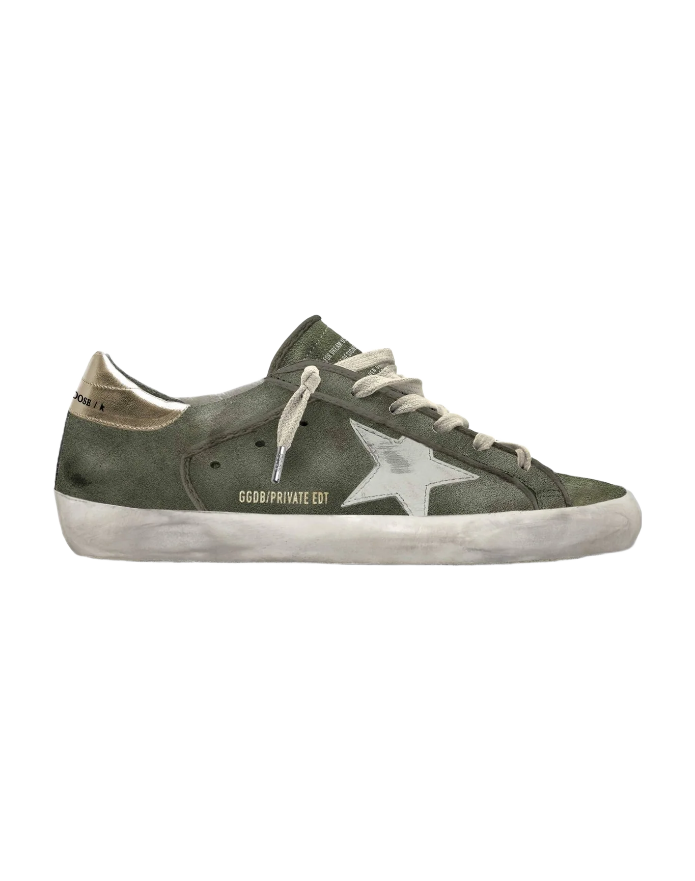 Women | Super-Star Military Green Suede with White Star & Gold Laminated Heel Tab | Olive Green x Ice x Gold