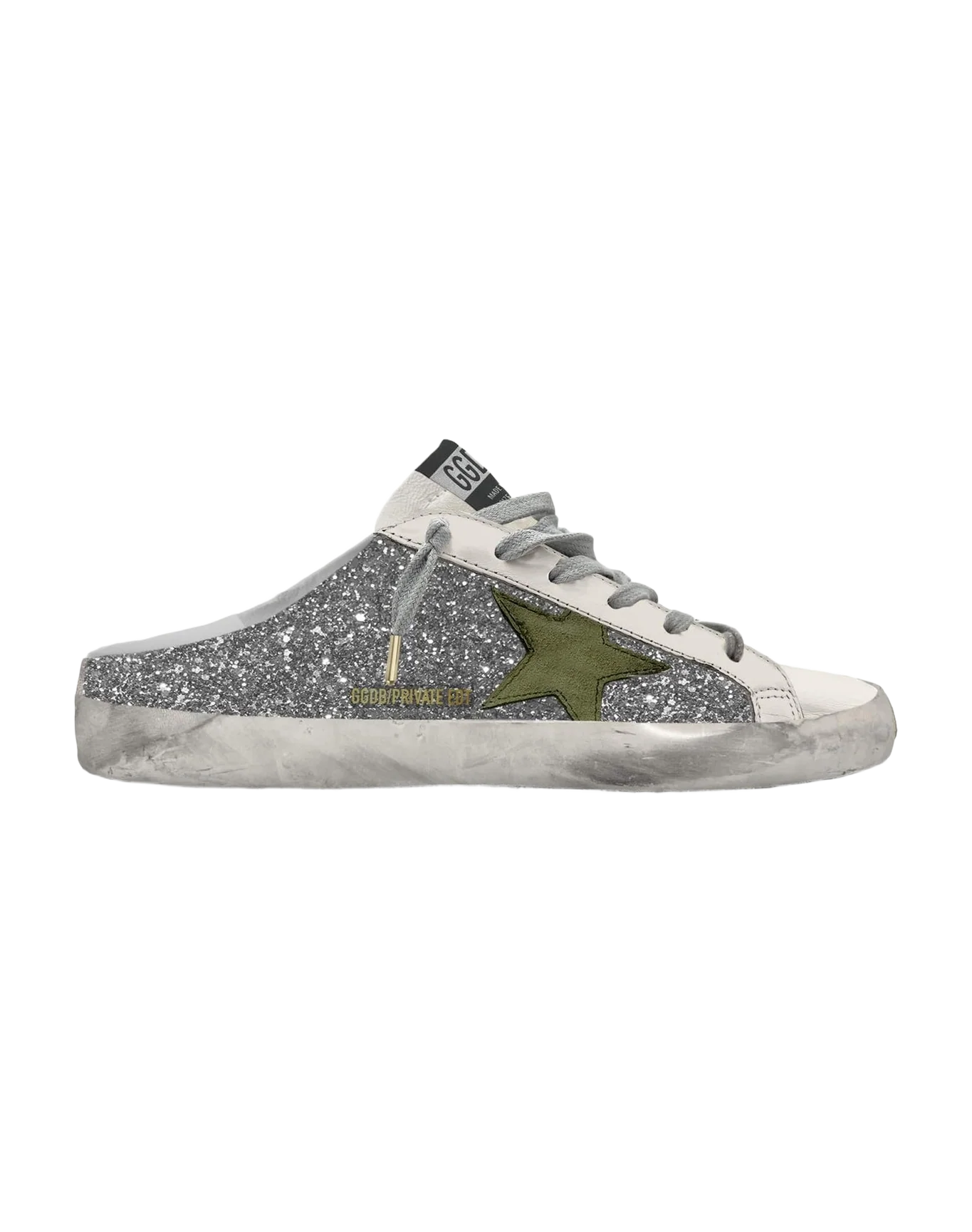 Women | Super-Star Sabot Glitter with Green Star | Silver x Olive Night