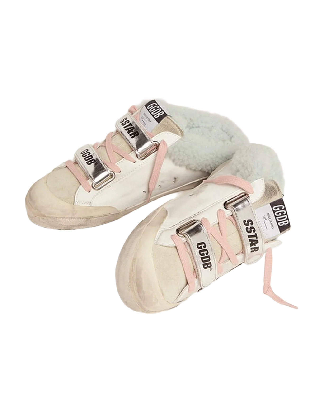 Women | Super-Star Sabot School Sneakers Leather with Silver Glitter Star & Shearling Interior | White x Ice x Silver x Light Blue - Image 7