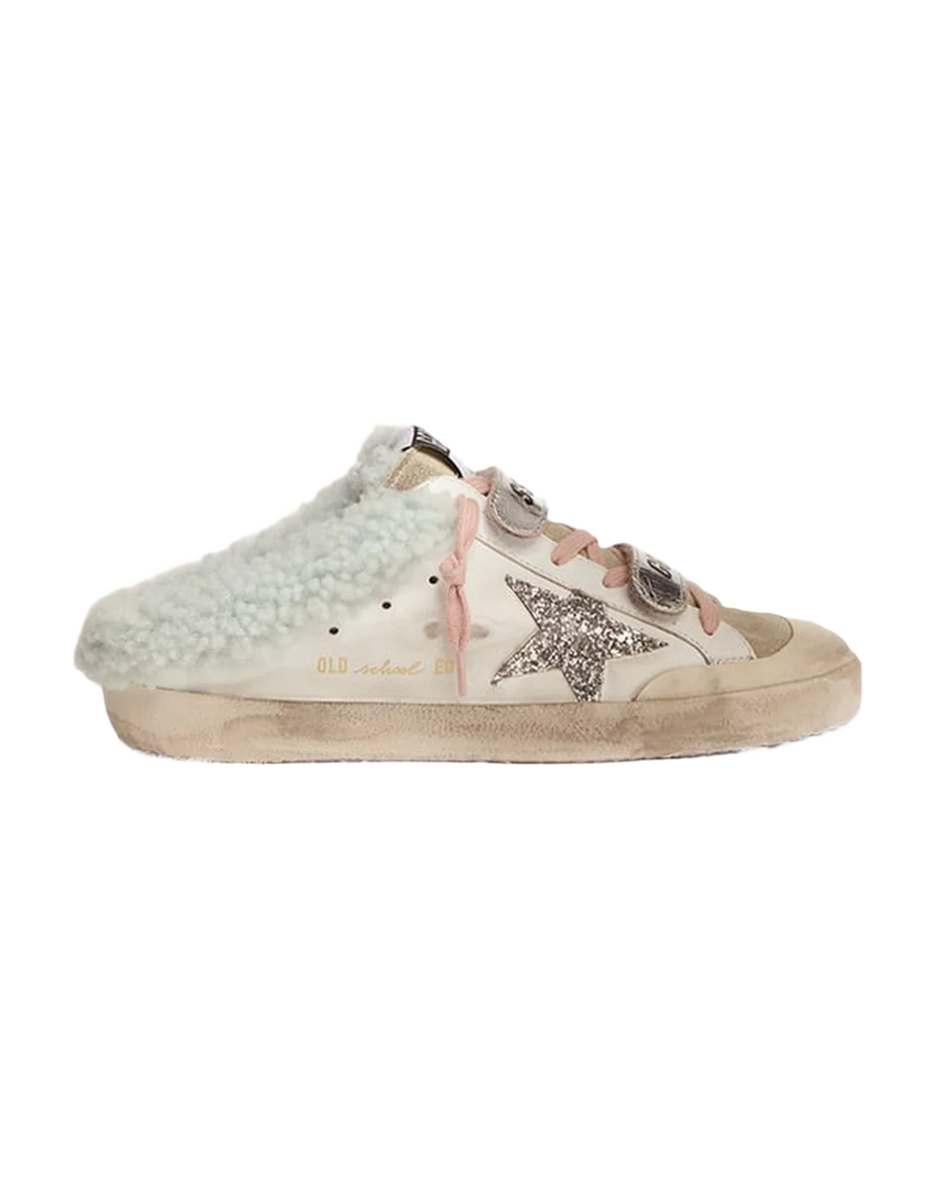 Women | Super-Star Sabot School Sneakers Leather with Silver Glitter Star & Shearling Interior | White x Ice x Silver x Light Blue - Image 8