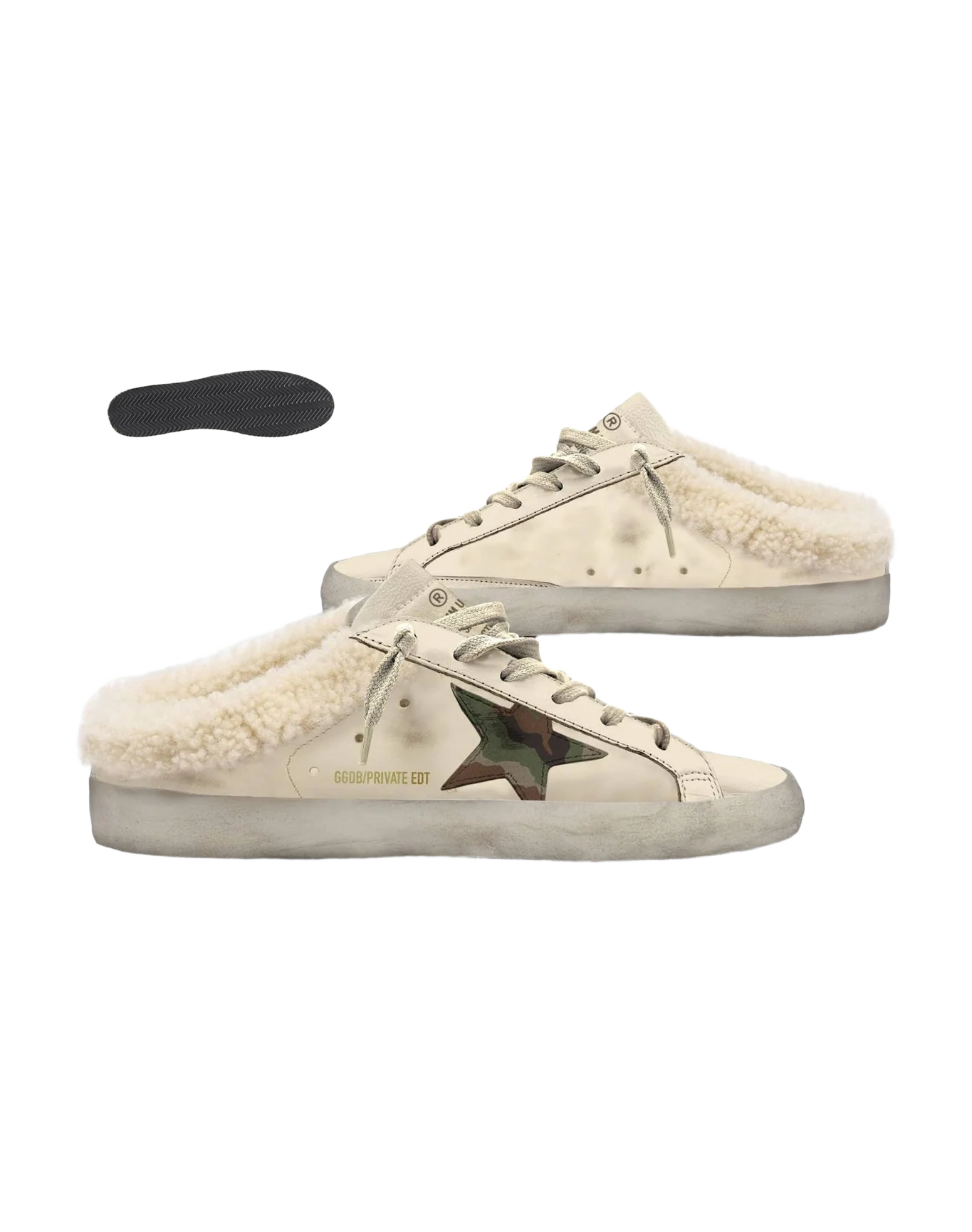 Women | Super-Star Sabot Sneakers Cream Leather with Camouflage Print Star & Shearling Interior | Beige x Green Camouflage