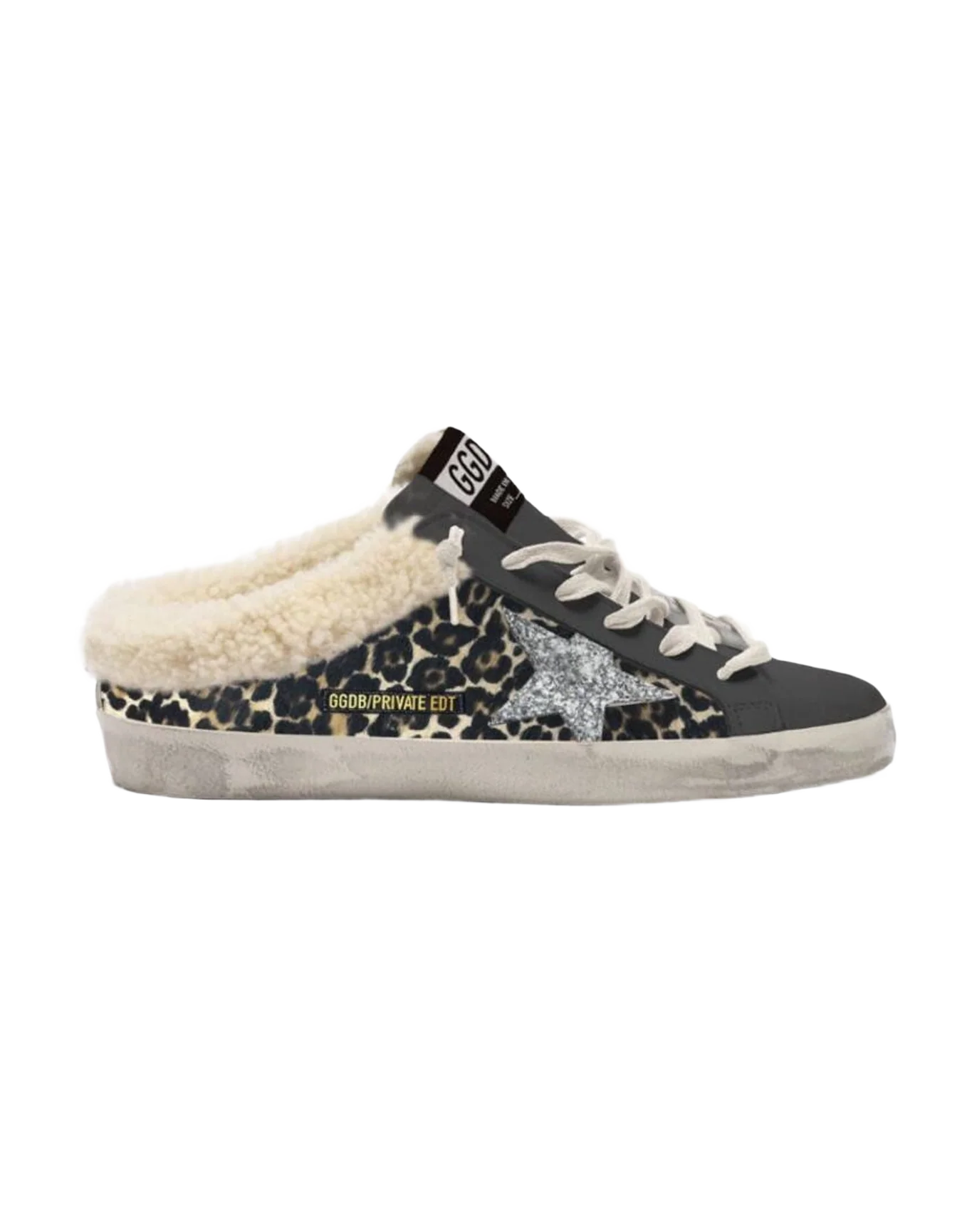 Women | Super-Star Sabot Sneakers Leo Horsy Upper with Glitter Star & Shearling Interior | Beige Brown Leo x Black x Silver x Beige