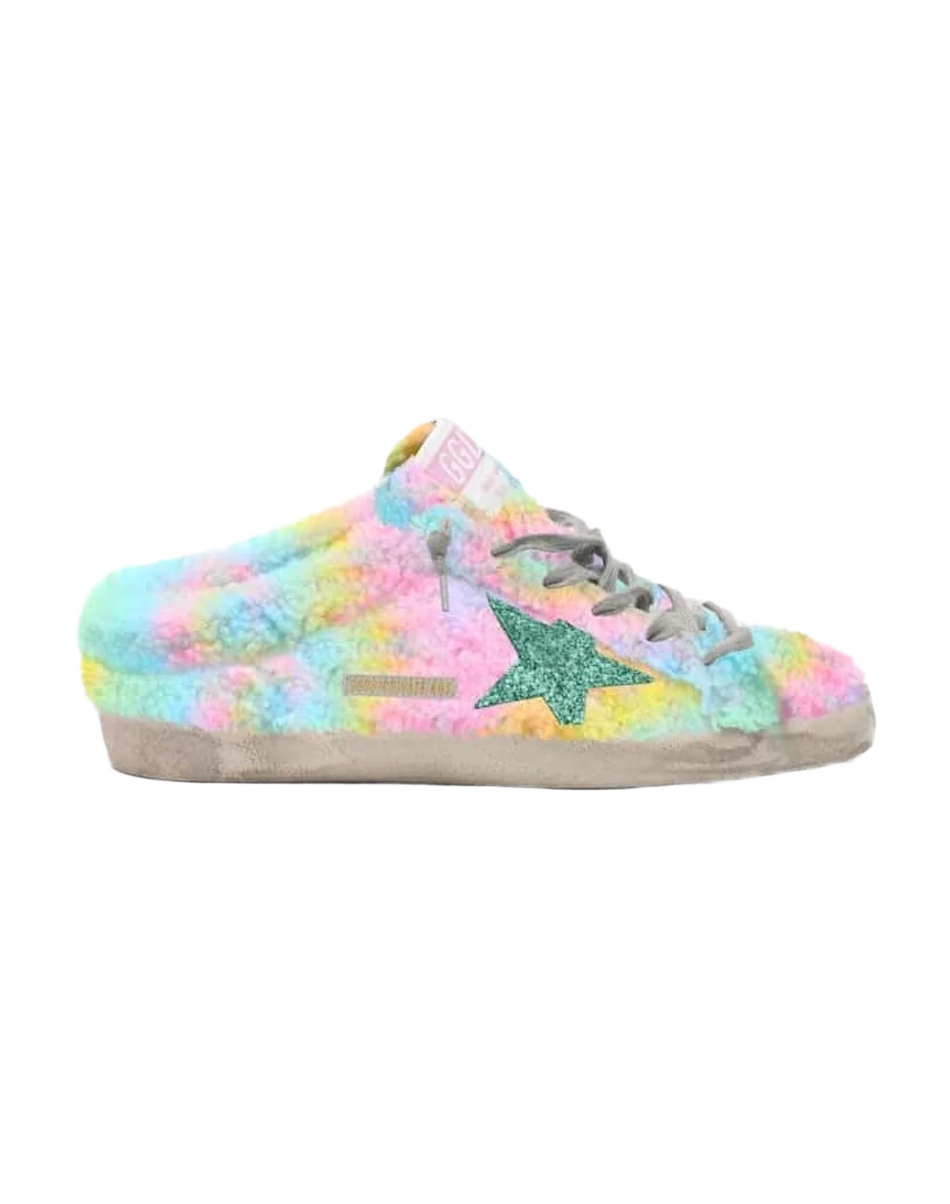 Women | Super-Star Sabot Sneakers Rainbow Fur with Green Glitter Star & Internal Shearling | Multicolor x Aquamarine