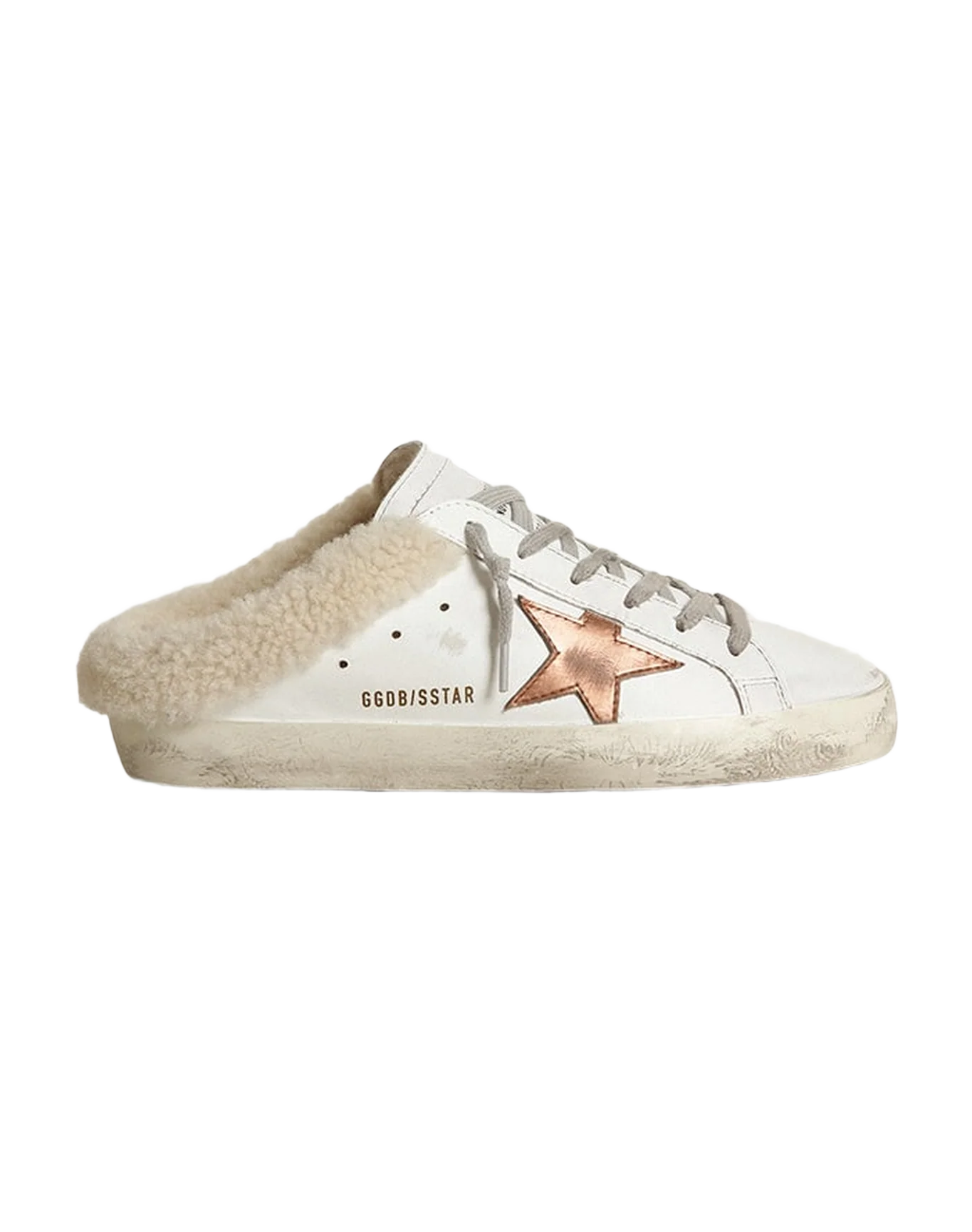 Women | Super-Star Sabot Sneakers White Leather with Bronze Star & Internal Shearling | White x Chocolate Brown x Beige - Image 4