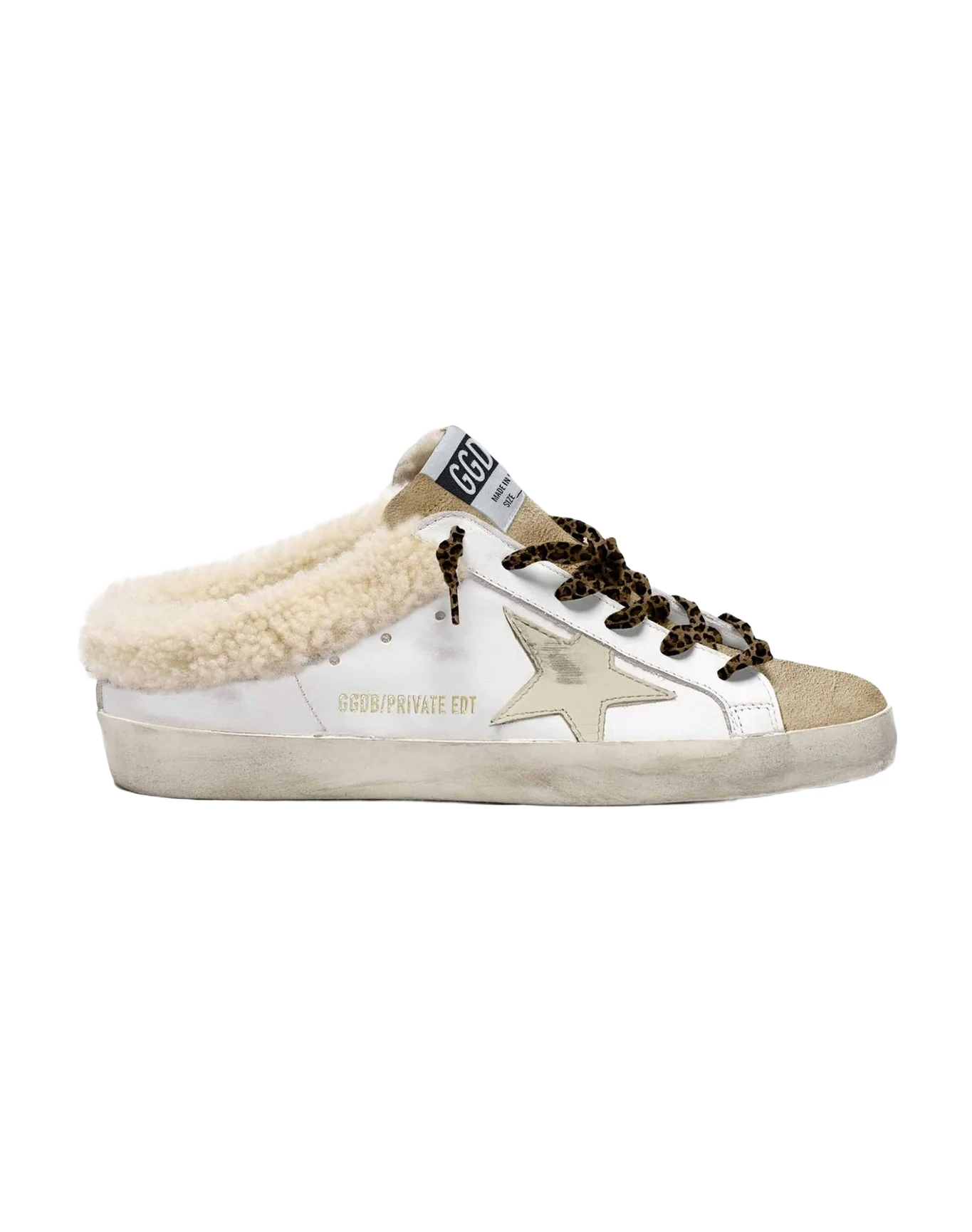 Women | Super-Star Sabot Sneakers White Leather with Gold Leather Star & Internal Shearling | White x Tobacco x Beige