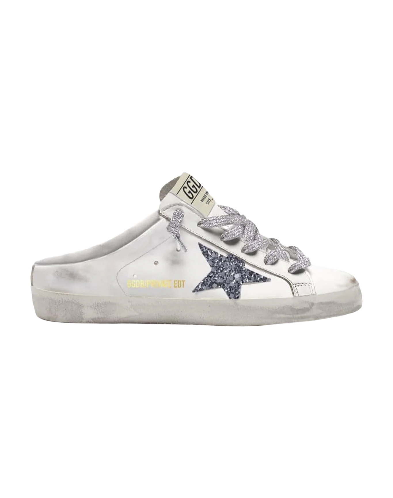 Women | Super-Star Sabot Sneakers White Leather with Silver Glitter Star | White x Grey