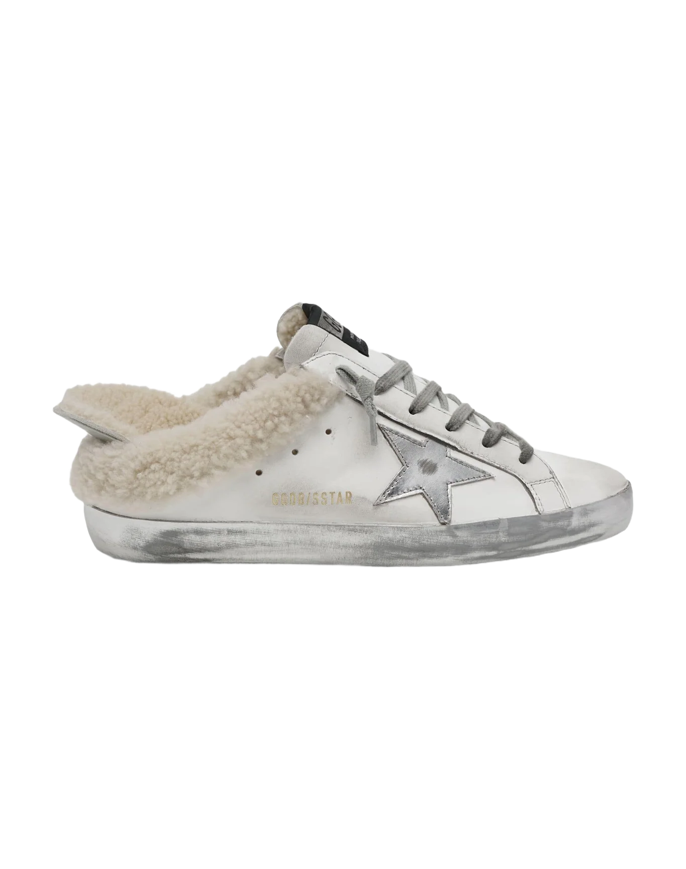 Women | Super-Star Sabot Sneakers White Leather with Silver Leather Star & Internal Shearling | White x Silver x Beige - Image 2