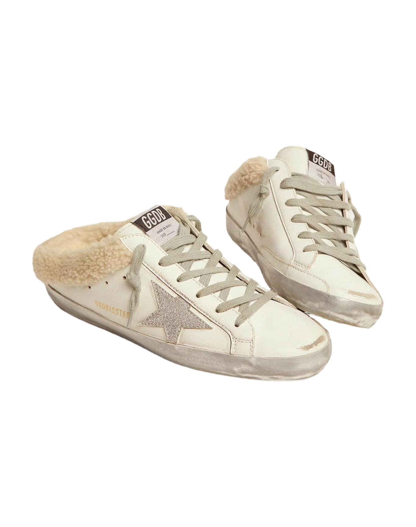Women | Super-Star Sabots White Leather with Shearling Lining | White x Silver x Beige - Image 4