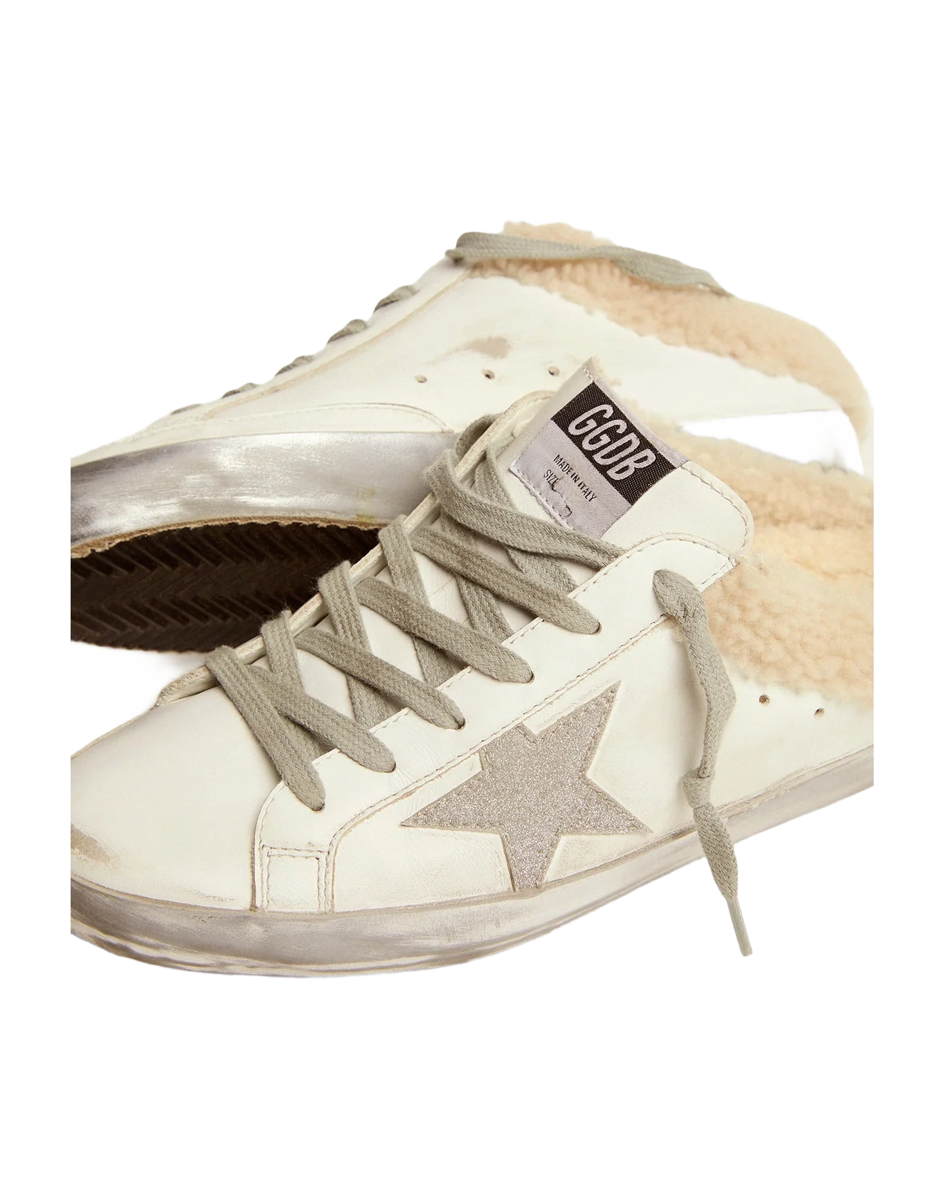 Women | Super-Star Sabots White Leather with Shearling Lining | White x Silver x Beige - Image 8