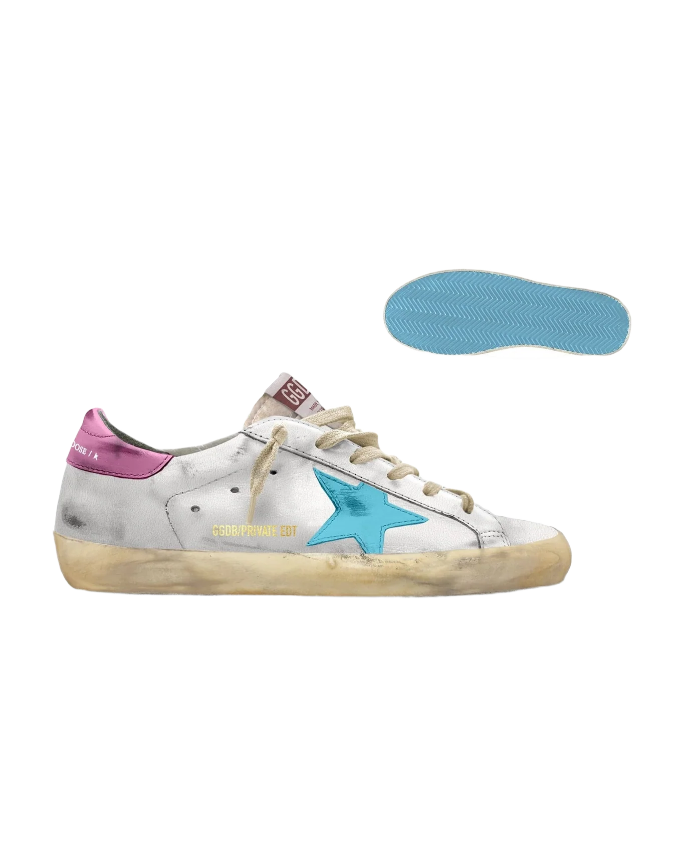 Women | Super-Star Silver Leather with Light Blue Star & Pink Heel Tab | White x Blue x Pink
