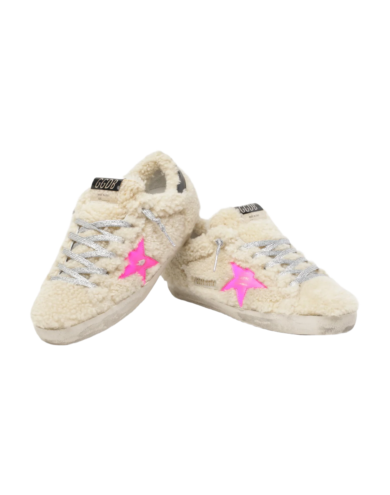 Women | Super-Star Sneakers Beige Shearling with Pink Star & Black Heel Tab | Beige x Fluo Fuxia x Night Blue - Image 2