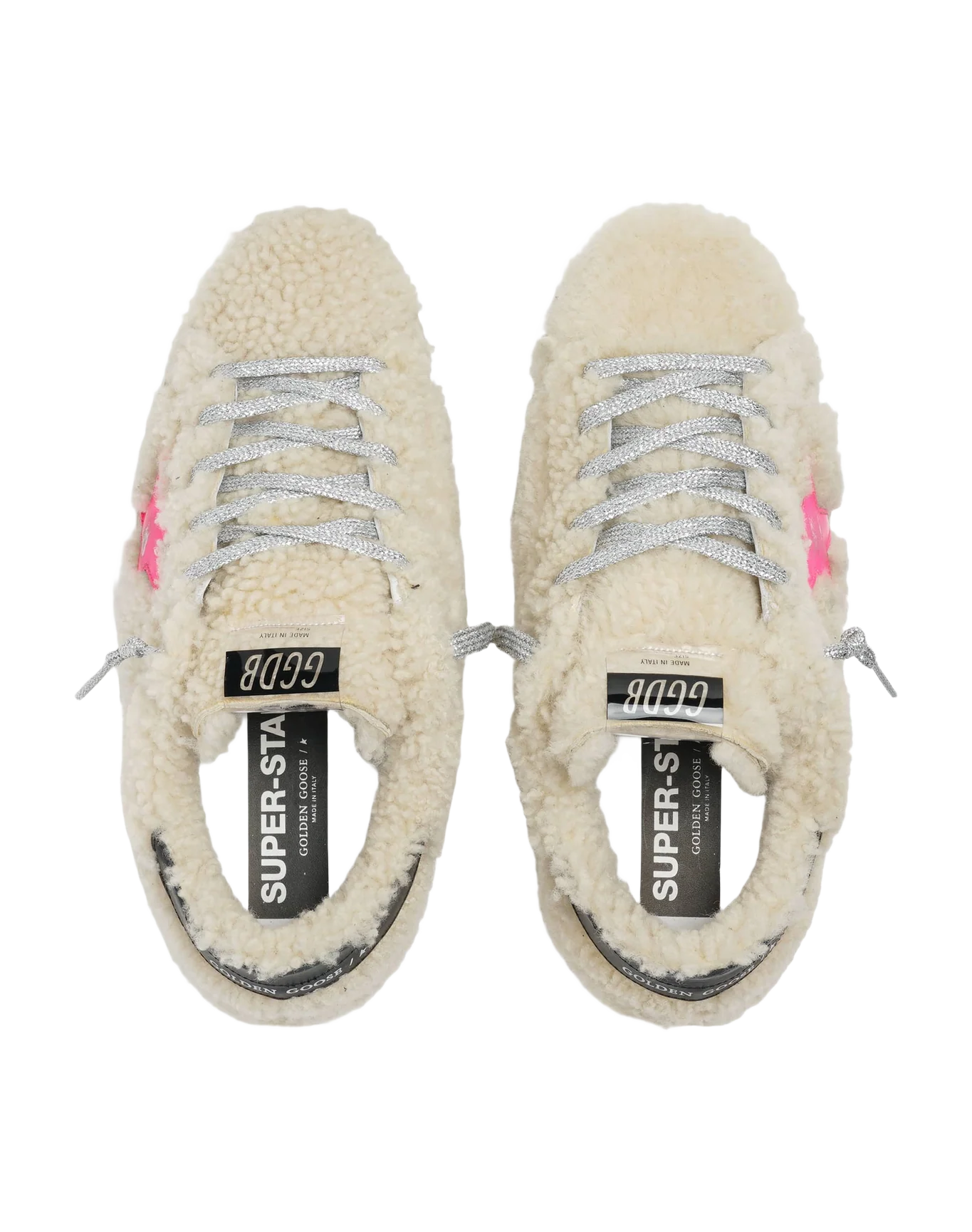 Women | Super-Star Sneakers Beige Shearling with Pink Star & Black Heel Tab | Beige x Fluo Fuxia x Night Blue - Image 5