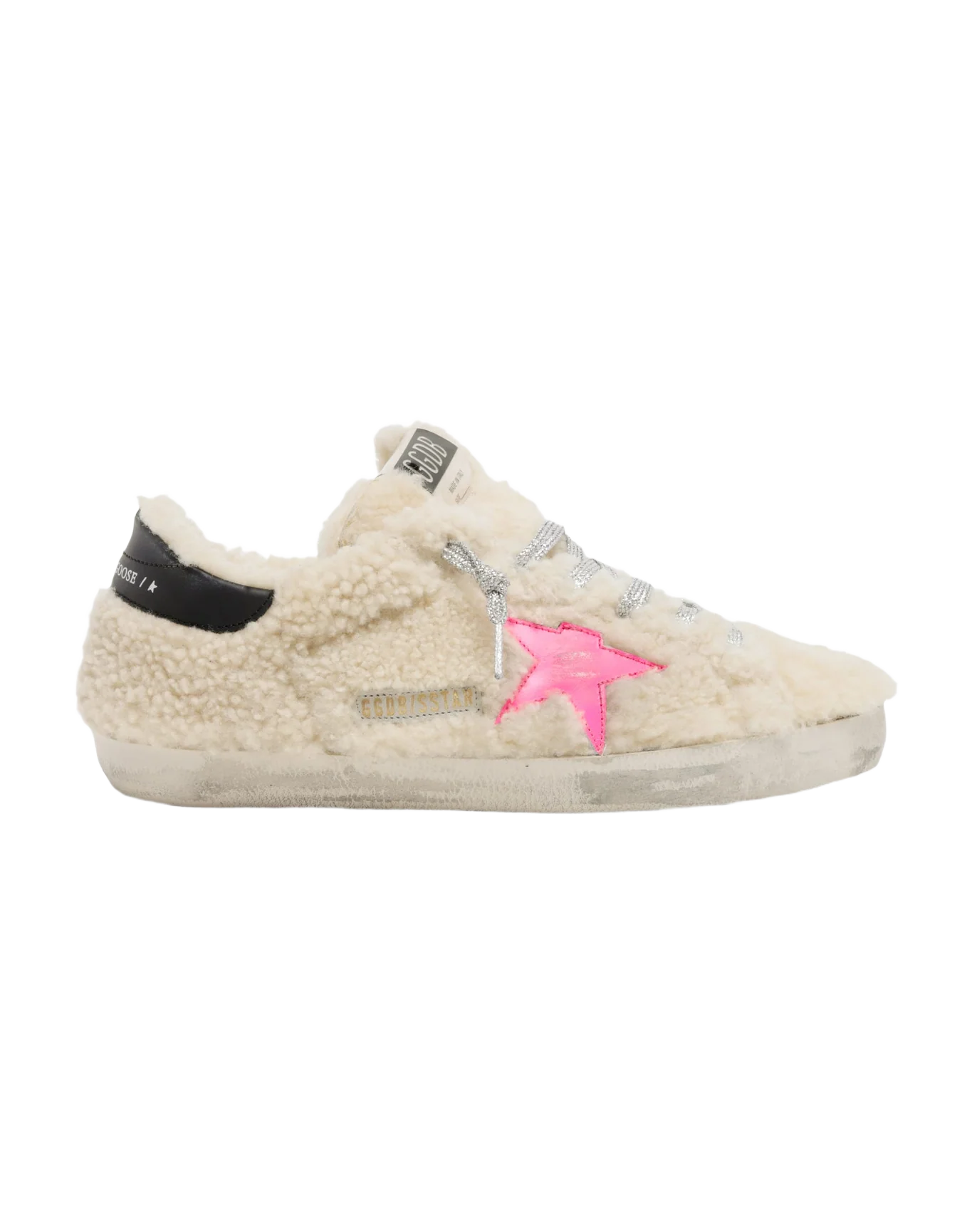 Women | Super-Star Sneakers Beige Shearling with Pink Star & Black Heel Tab | Beige x Fluo Fuxia x Night Blue - Image 8