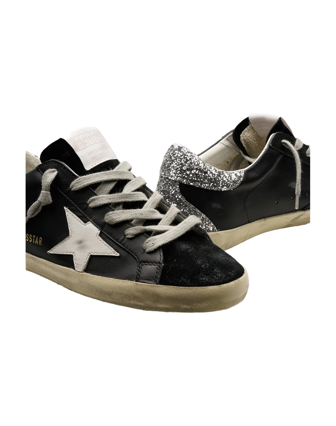 Women | Super-Star Sneakers Black Leather & Velvet with White Star & Glitter Heel | Black x White x Silver