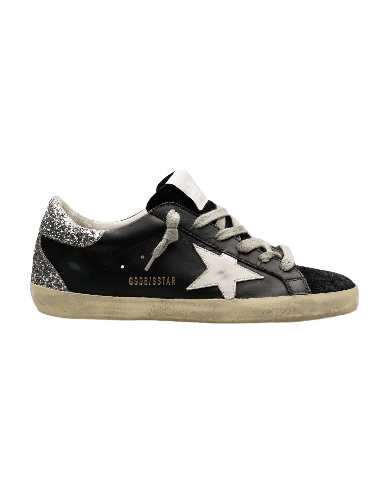 Women | Super-Star Sneakers Black Leather & Velvet with White Star & Glitter Heel | Black x White x Silver - Image 2