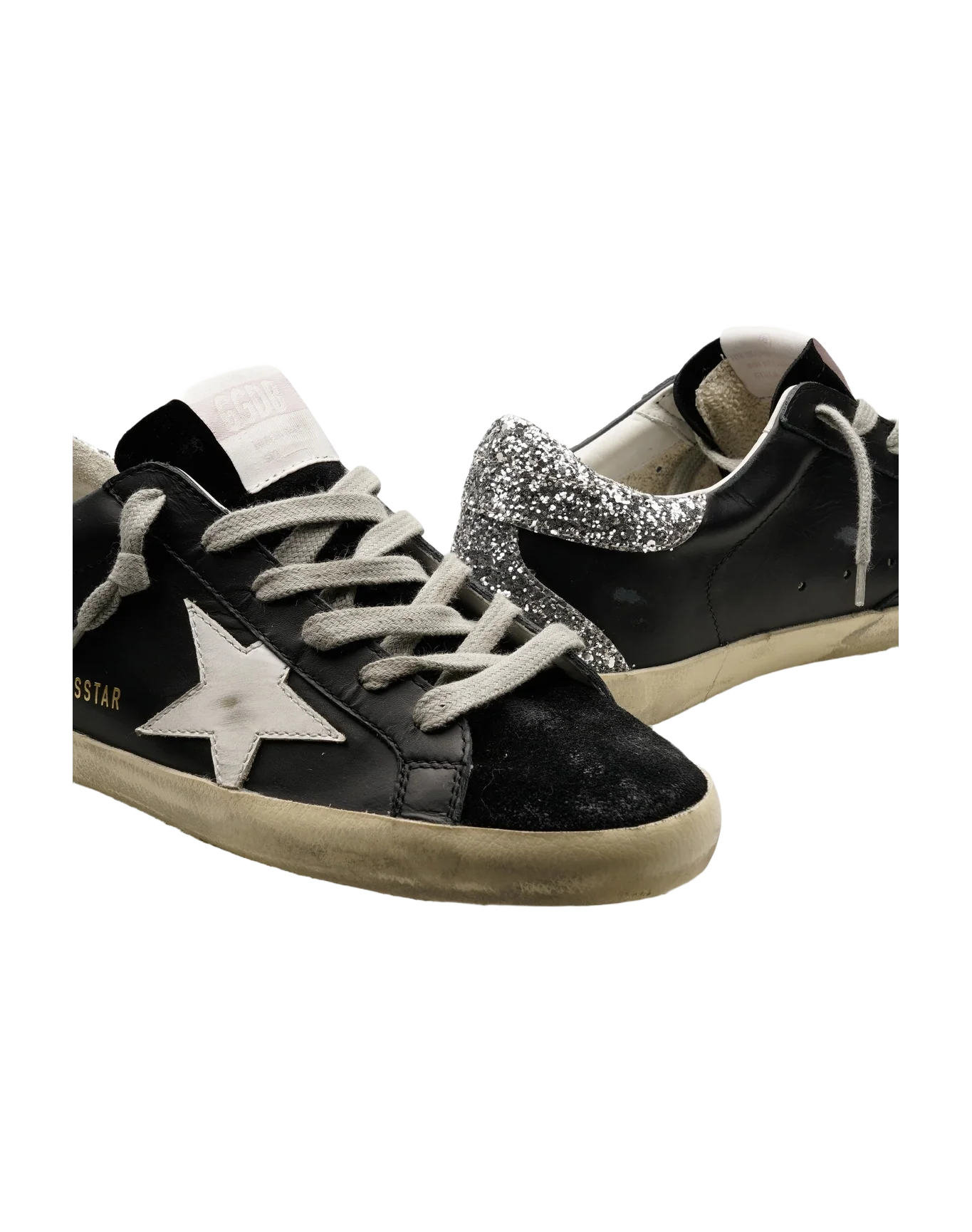 Women | Super-Star Sneakers Black Leather & Velvet with White Star & Glitter Heel | Black x White x Silver - Image 4
