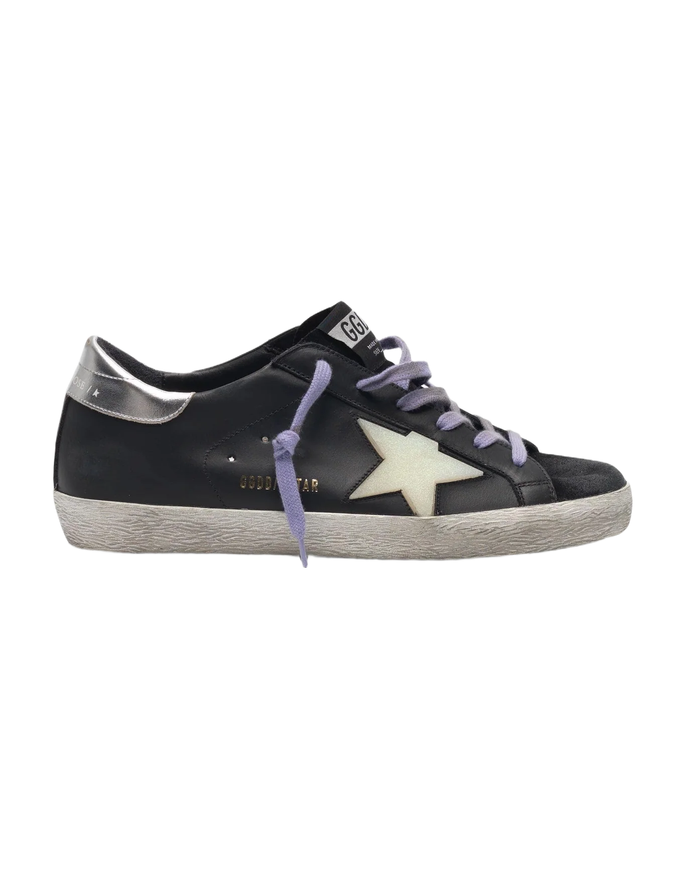 Women | Super-Star Sneakers Black Leather with Cream Star & Silver Heel Tab - Image 2