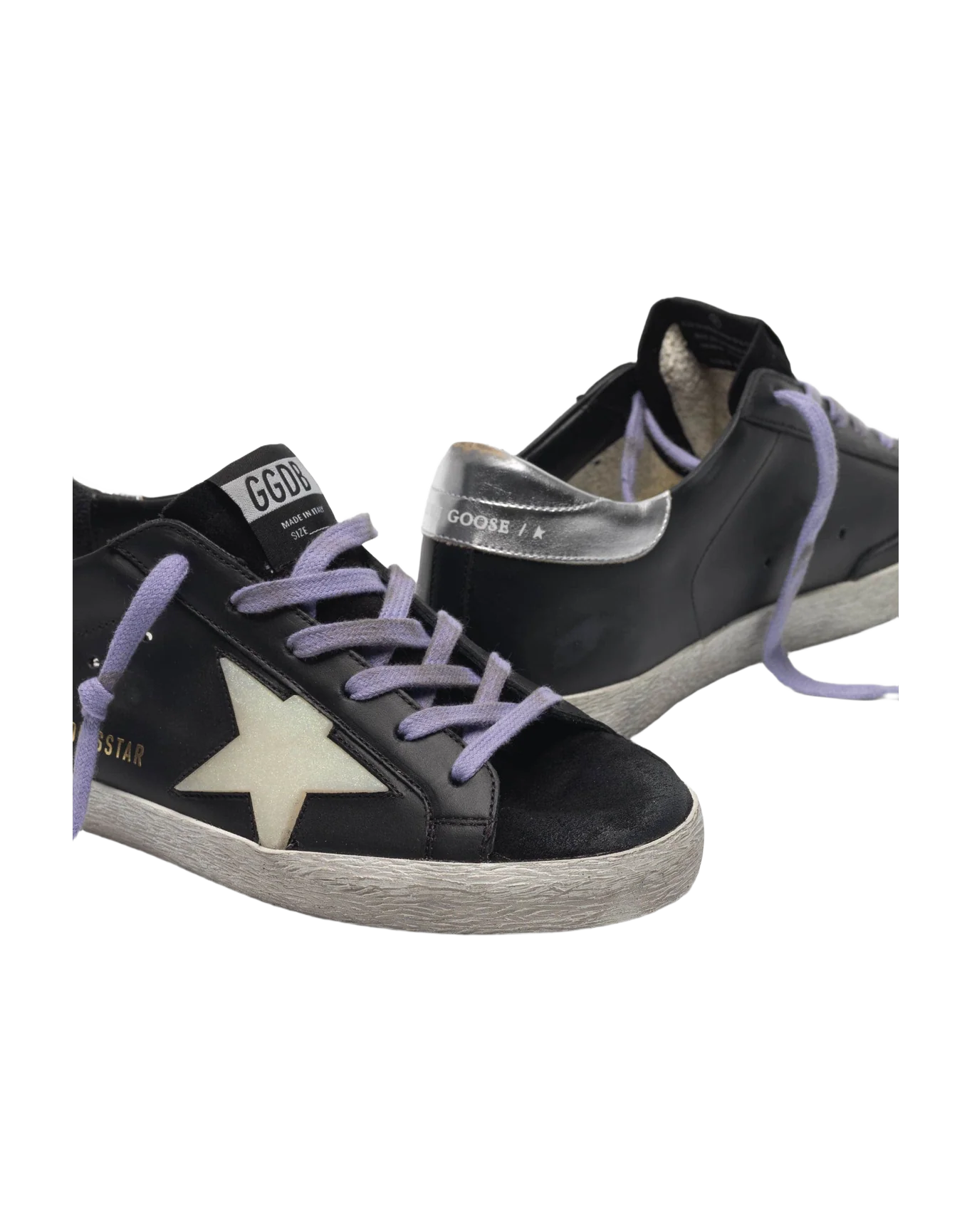 Women | Super-Star Sneakers Black Leather with Cream Star & Silver Heel Tab - Image 3