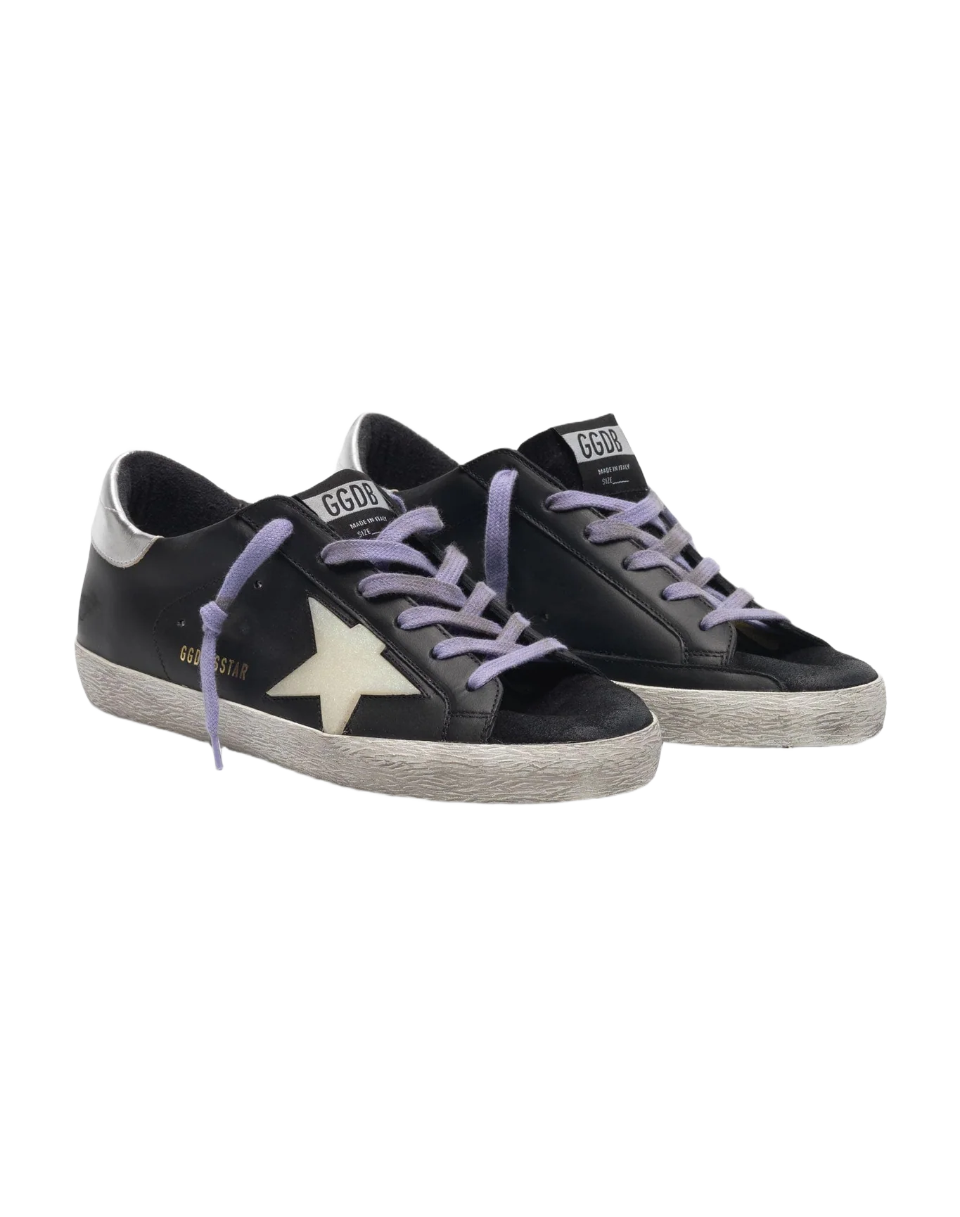 Women | Super-Star Sneakers Black Leather with Cream Star & Silver Heel Tab - Image 5