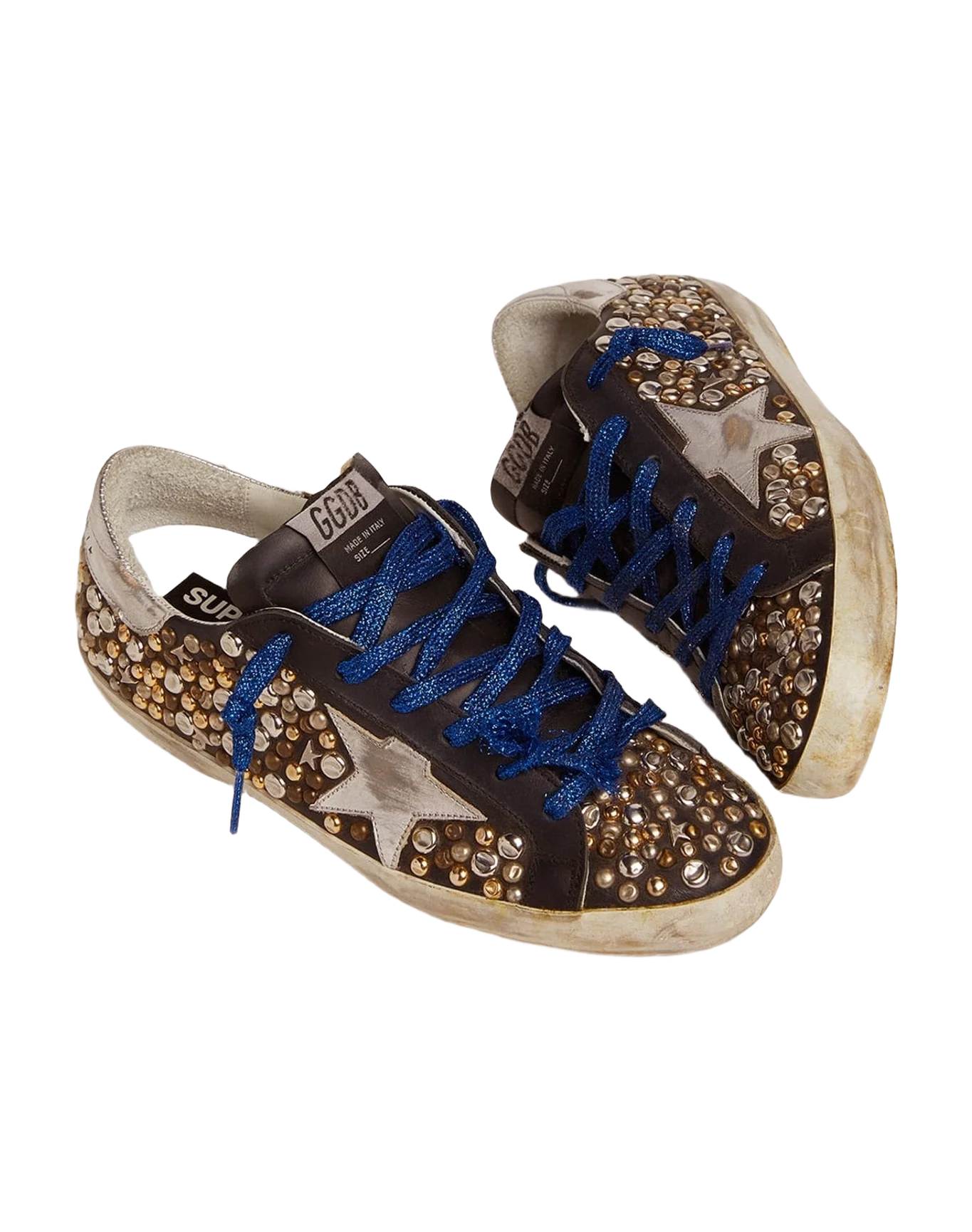 Women | Super-Star Sneakers Black Leather with Hammered Studs & Silver Laminated Leather Star | Black x Silver Gold Bronze x Silver
