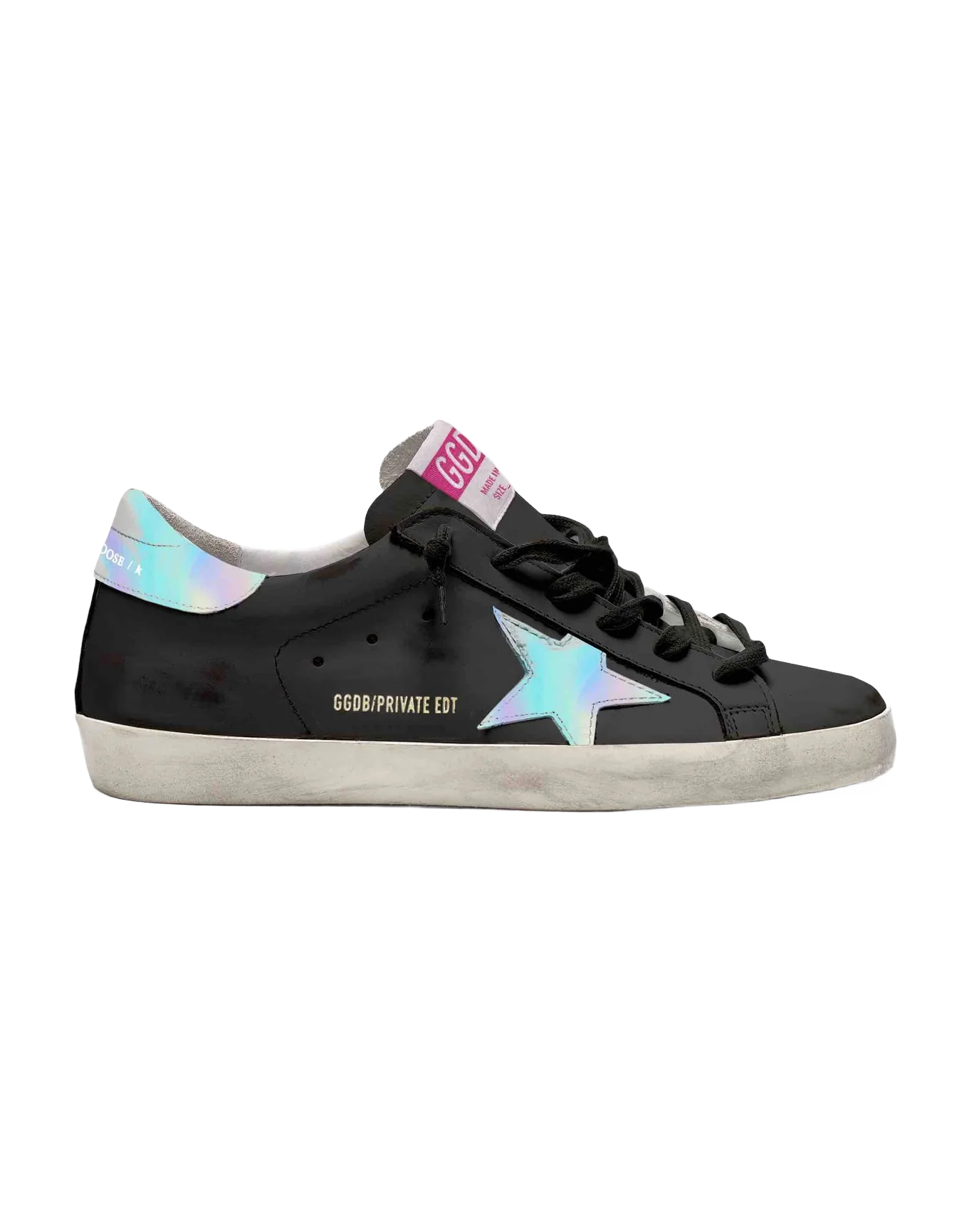 Women | Super-Star Sneakers Black Leather with Mirror Star & Heel Tab | Black x Silver - Image 2