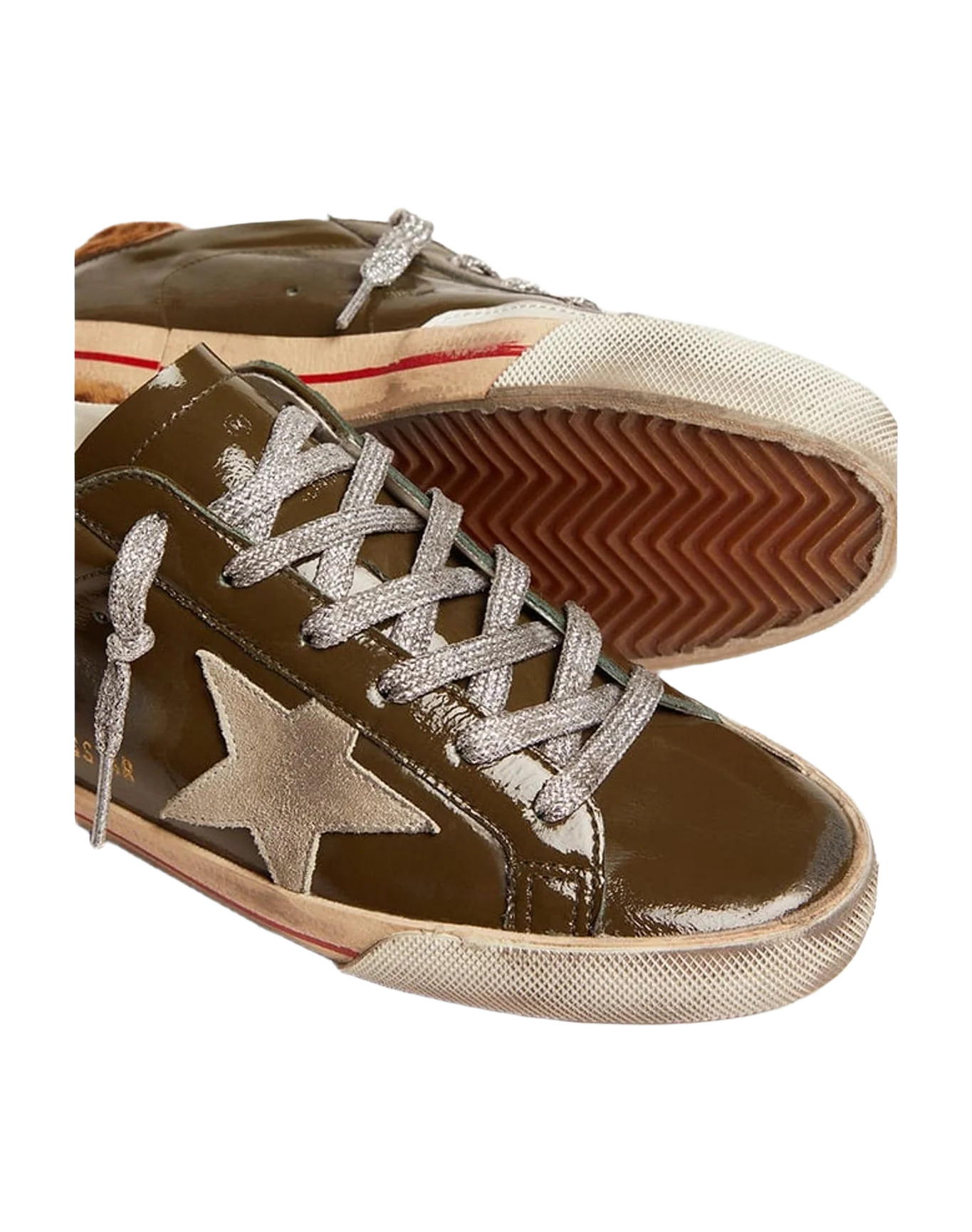 Women | Super-Star Sneakers Brown Lucid Leather with Suede Star & Leopard Pony Skin Heel Tab | Forest Green x Ice x Cream Light Brown Giraffe