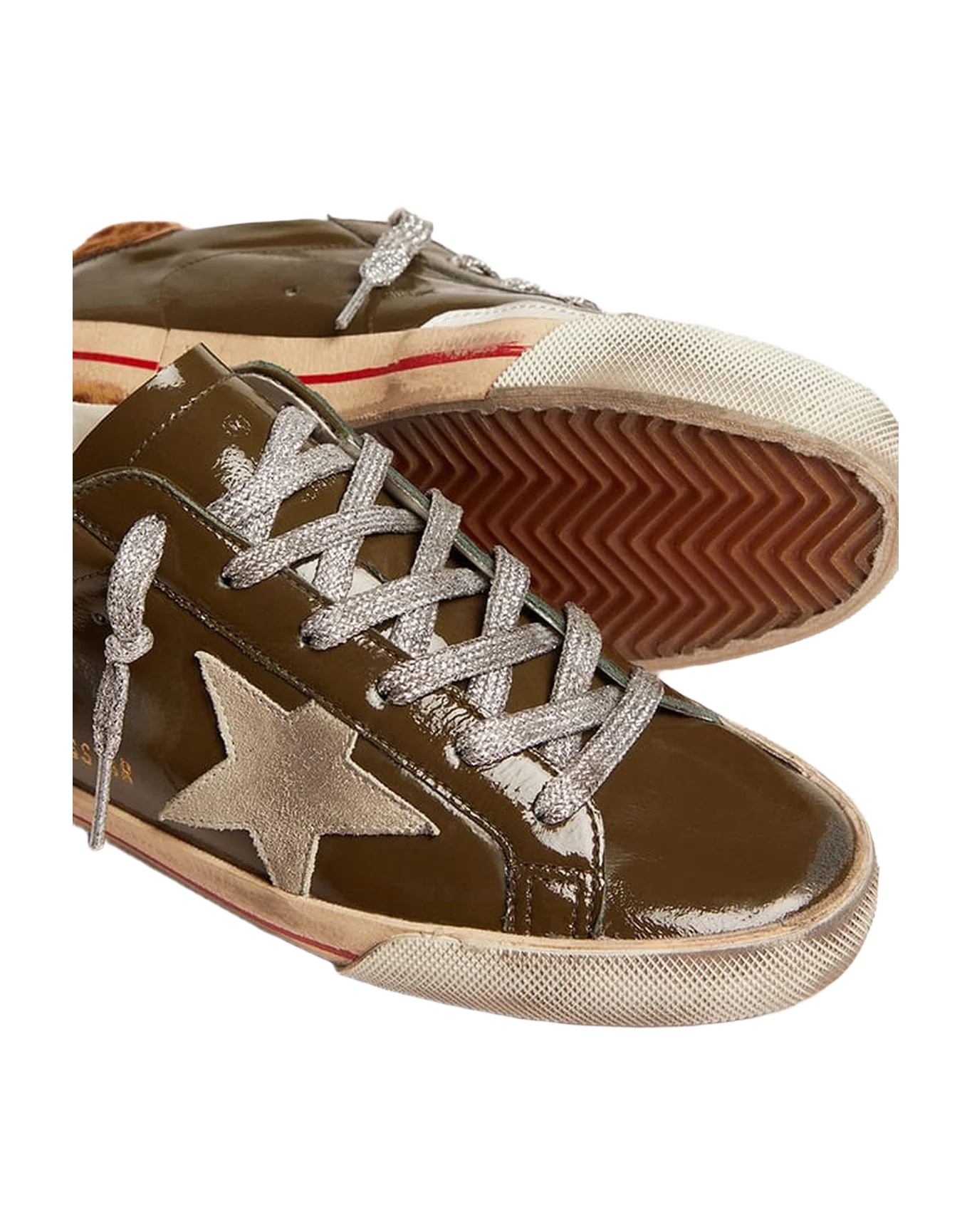 Women | Super-Star Sneakers Brown Lucid Leather with Suede Star & Leopard Pony Skin Heel Tab | Forest Green x Ice x Cream Light Brown Giraffe - Image 3