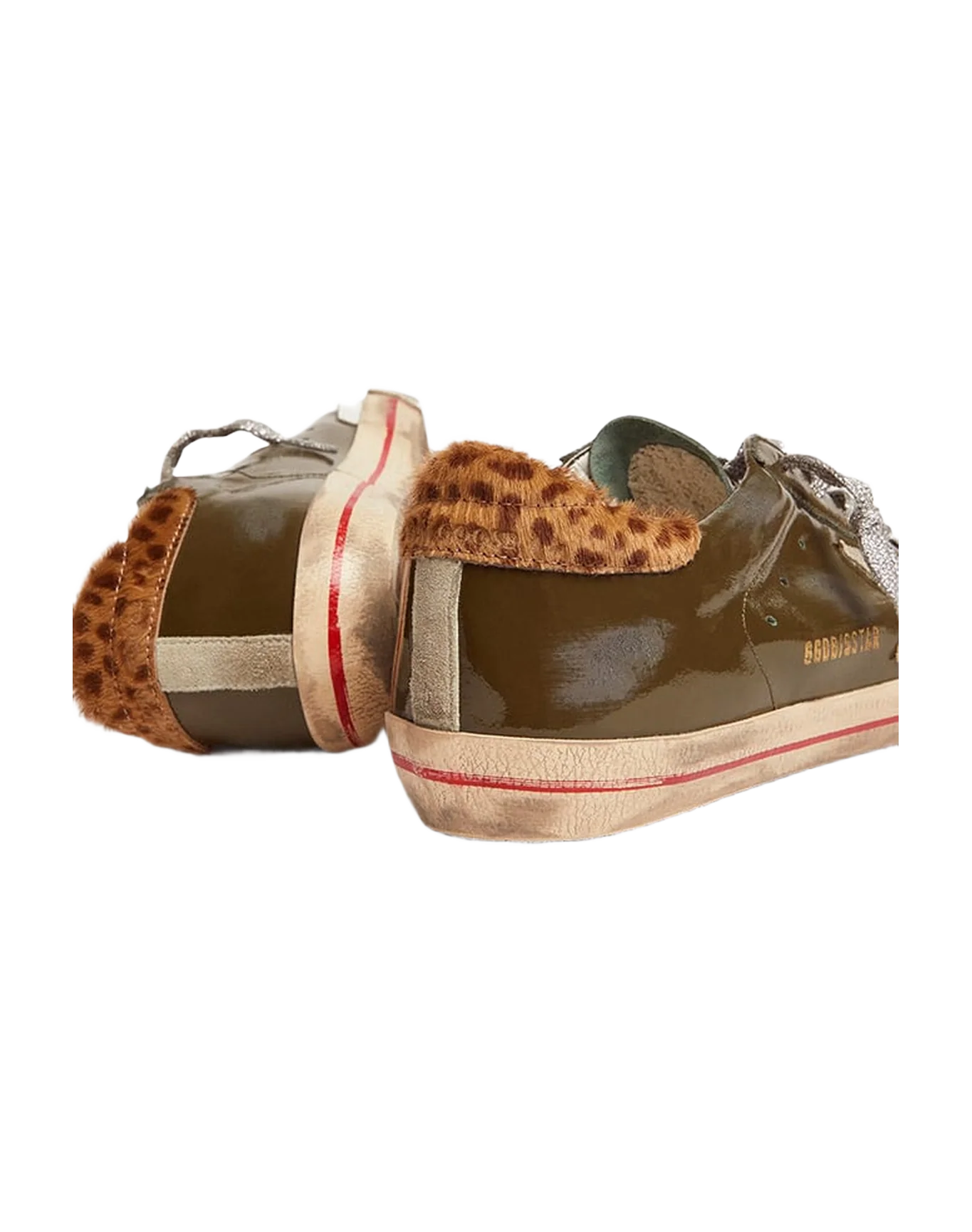 Women | Super-Star Sneakers Brown Lucid Leather with Suede Star & Leopard Pony Skin Heel Tab | Forest Green x Ice x Cream Light Brown Giraffe - Image 4