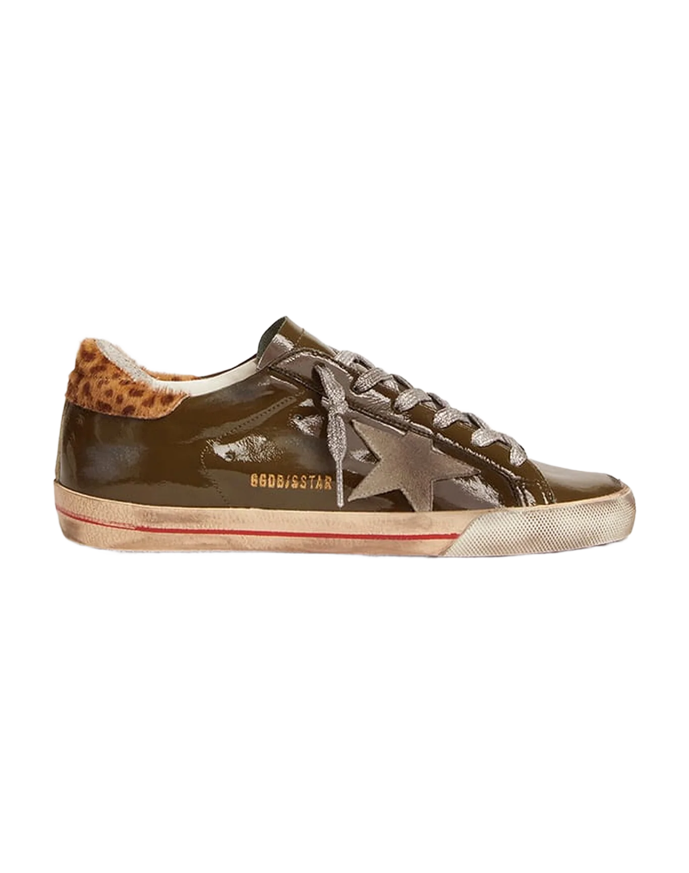 Women | Super-Star Sneakers Brown Lucid Leather with Suede Star & Leopard Pony Skin Heel Tab | Forest Green x Ice x Cream Light Brown Giraffe - Image 6