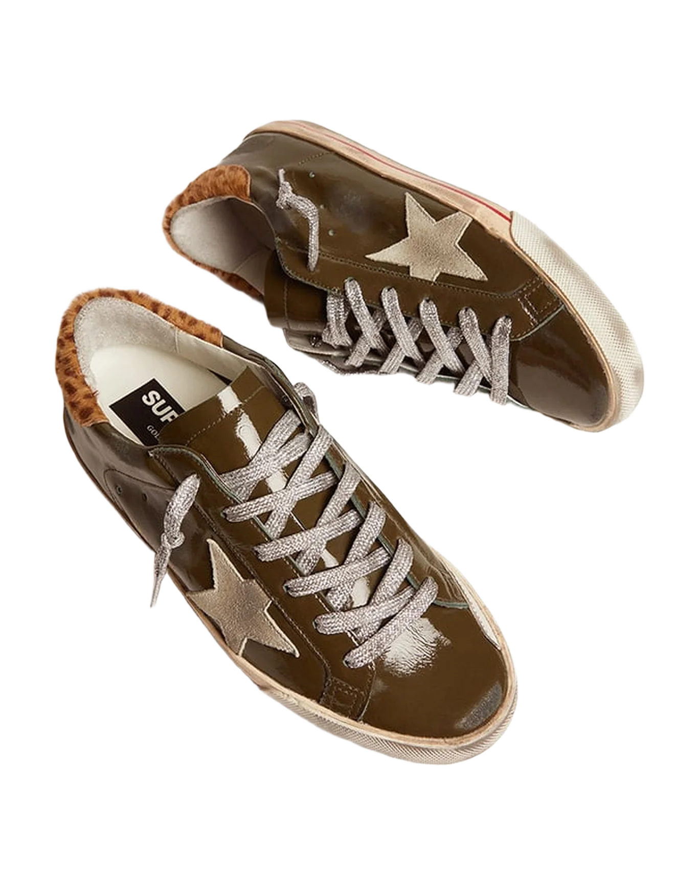 Women | Super-Star Sneakers Brown Lucid Leather with Suede Star & Leopard Pony Skin Heel Tab | Forest Green x Ice x Cream Light Brown Giraffe - Image 7