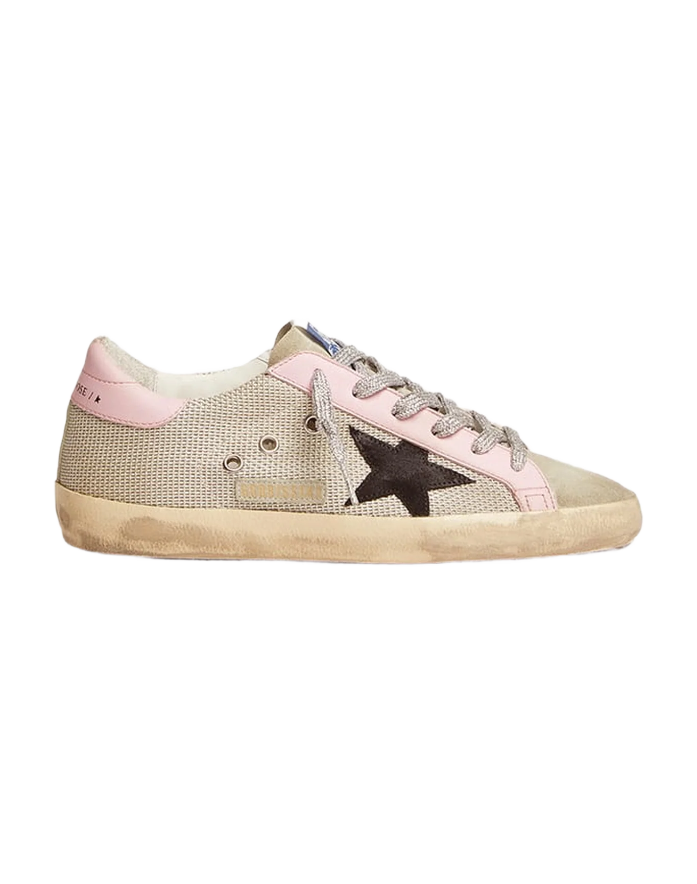 Women | Super-Star Sneakers Cream Mesh with Black Suede Star & Pink Leather Heel Tab & Insert | Silver x Black x Baby Pink - Image 4