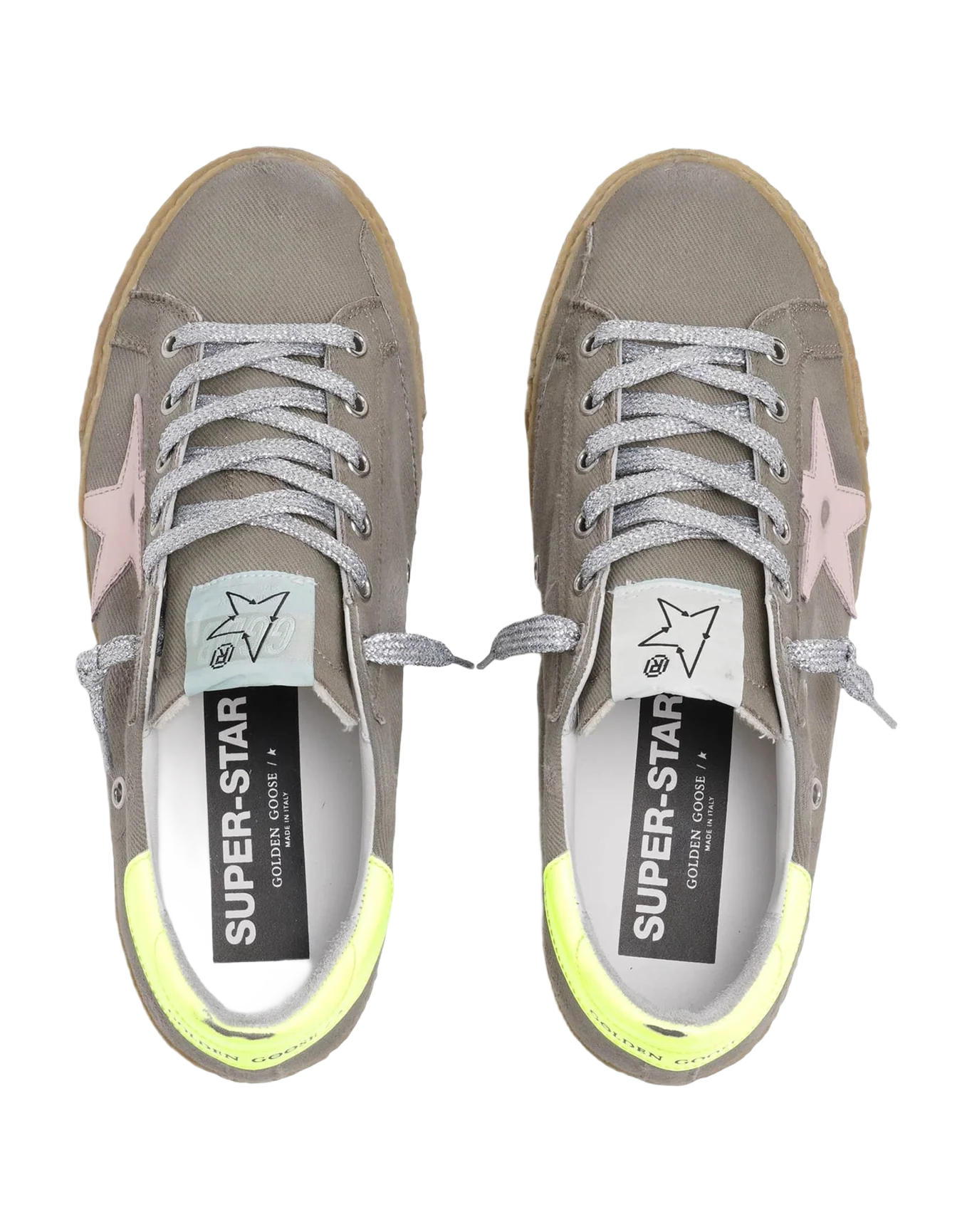 Women | Super-Star Sneakers Dark Grey Nylon with Pink Leather Star & Fluorescent Yellow Leather Heel Tab | Olive Green x Dawn Rose x Fluo Yellow