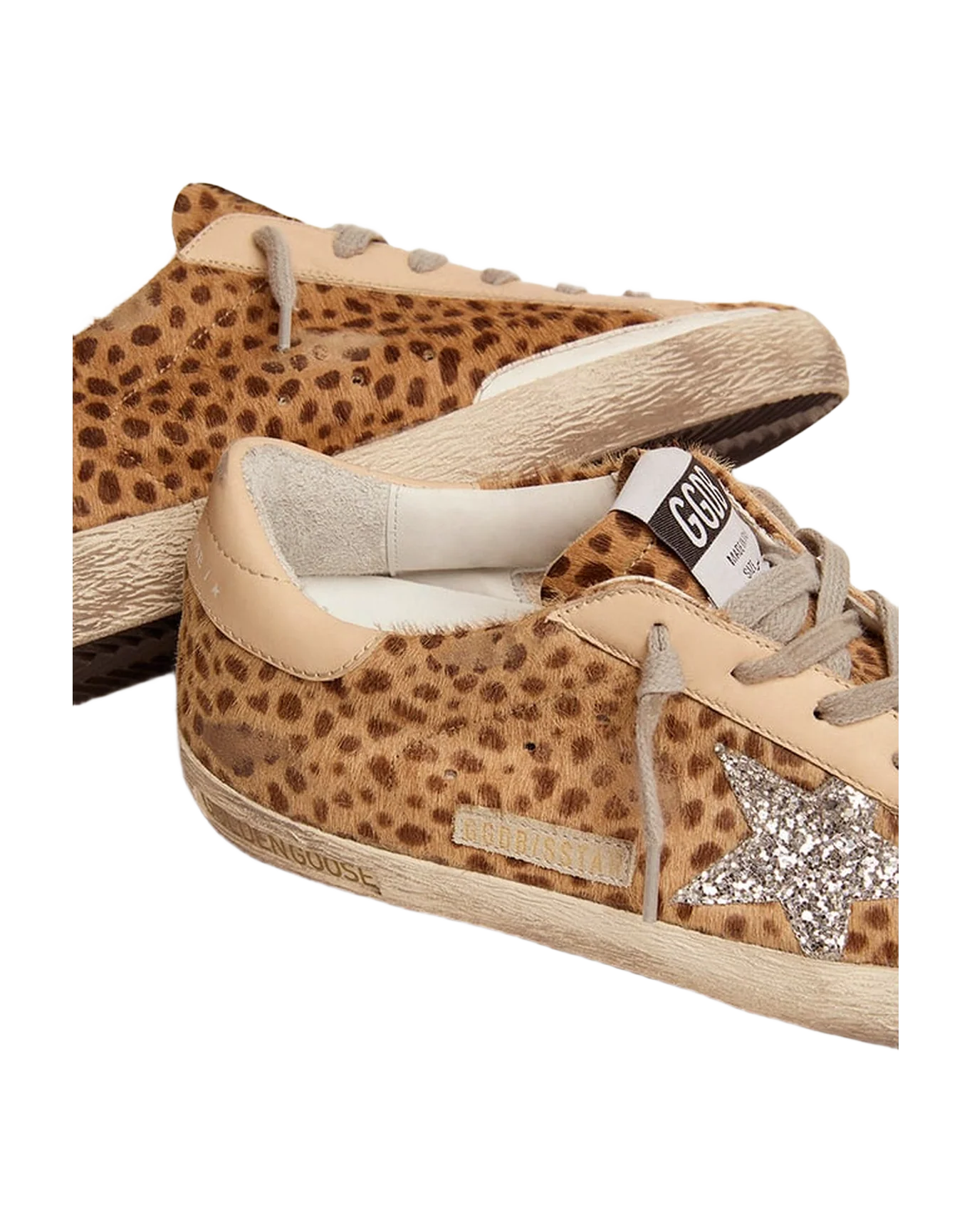 Women | Super-Star Sneakers Giraffe Pony Skin with Silver Glitter Star | Cream Light Brown Giraffe x Silver x Sand - Image 2