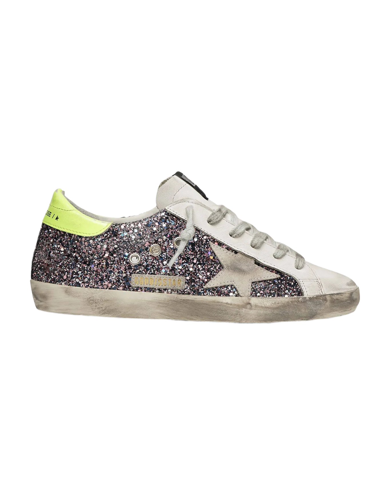 Women | Super-Star Sneakers Glitter with Grey Leather Star & Fluorescent Yellow Leather Heel Tab - Image 3