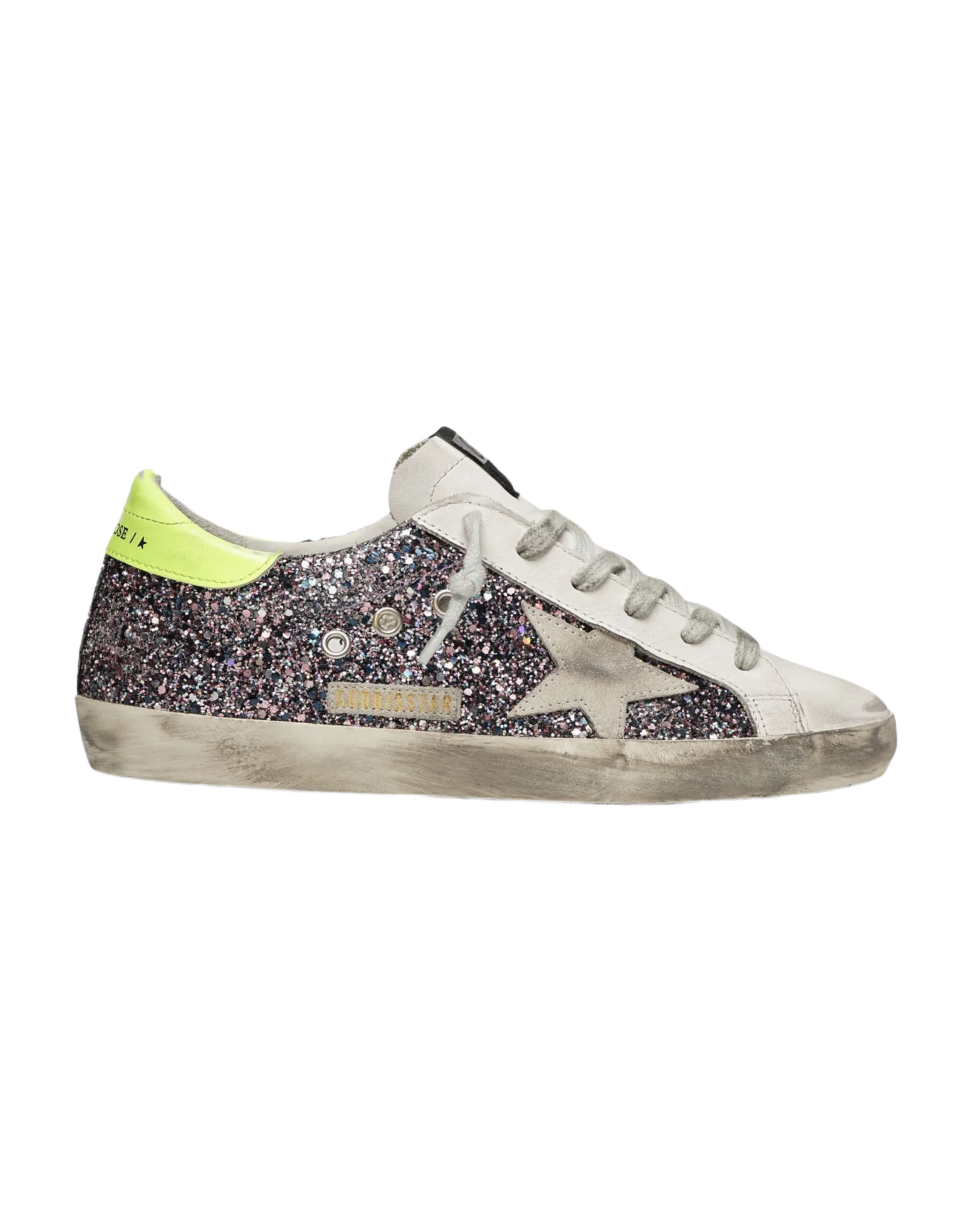 Women | Super-Star Sneakers Glitter with Grey Leather Star & Fluorescent Yellow Leather Heel Tab - Image 4