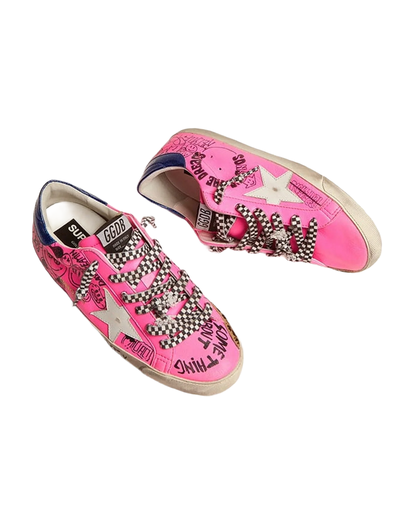 Women | Super-Star Sneakers Hot Pink Leather with Graffiti Print & White Star | Fuchsia Black x White x Electric Blue