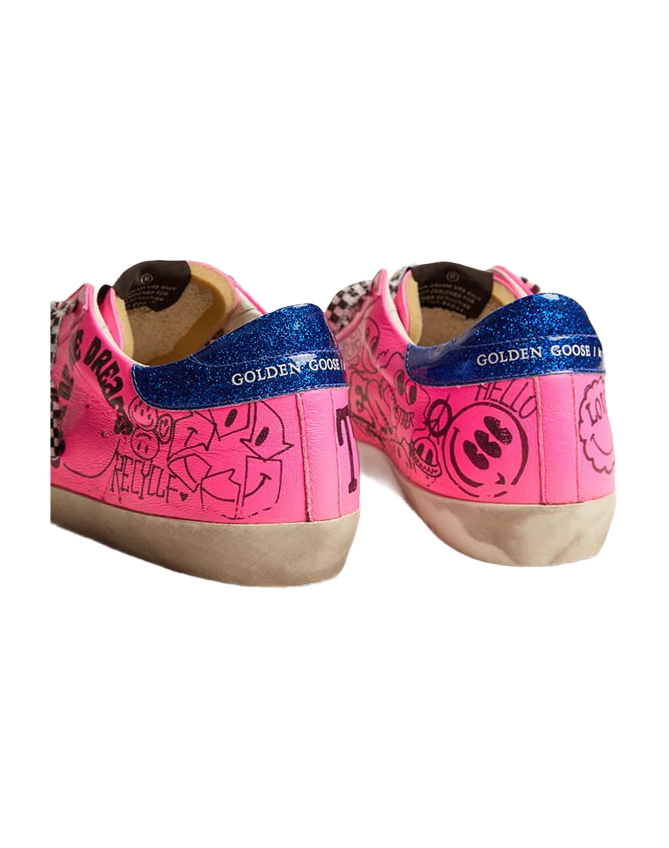 Women | Super-Star Sneakers Hot Pink Leather with Graffiti Print & White Star | Fuchsia Black x White x Electric Blue - Image 2