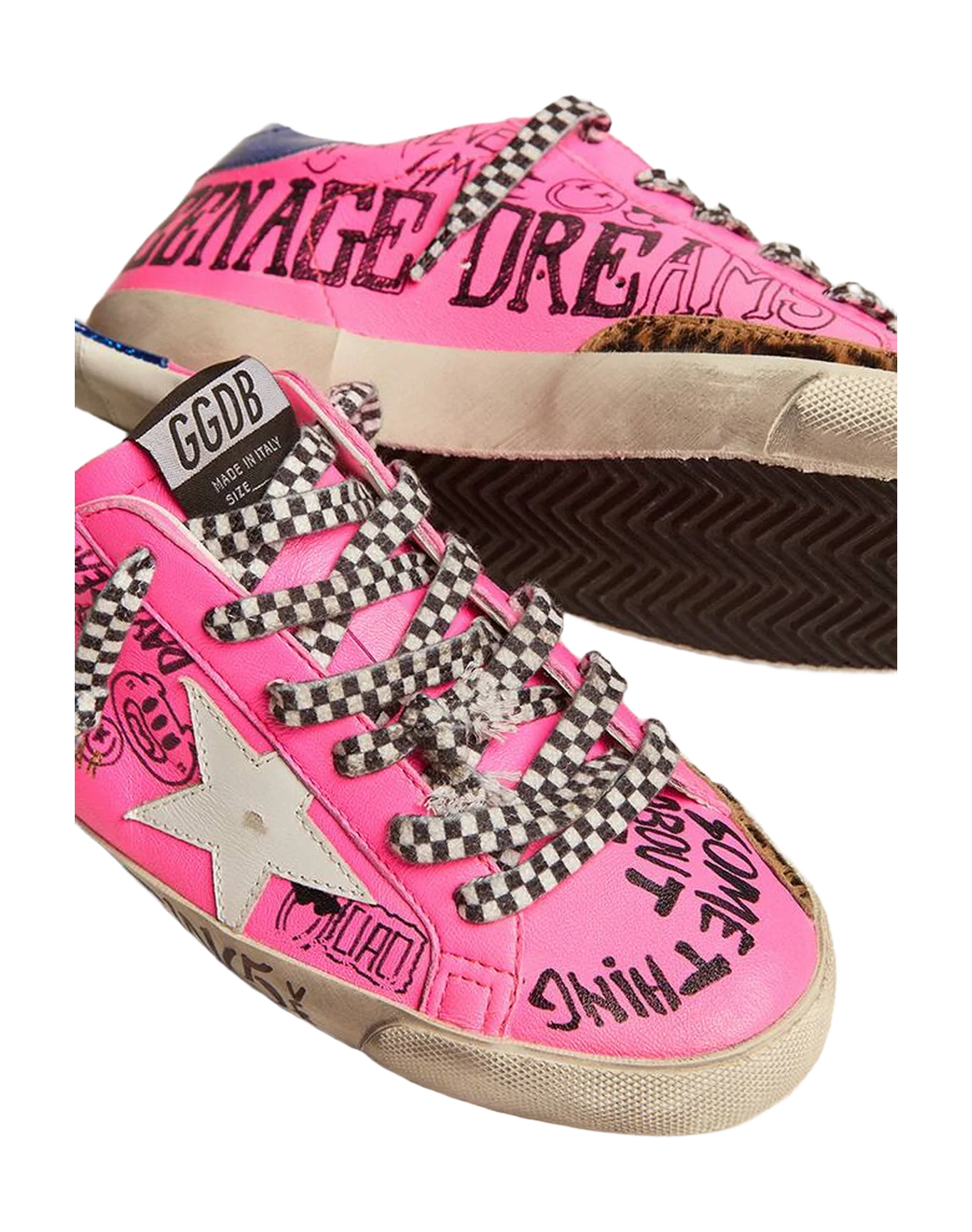 Women | Super-Star Sneakers Hot Pink Leather with Graffiti Print & White Star | Fuchsia Black x White x Electric Blue - Image 3