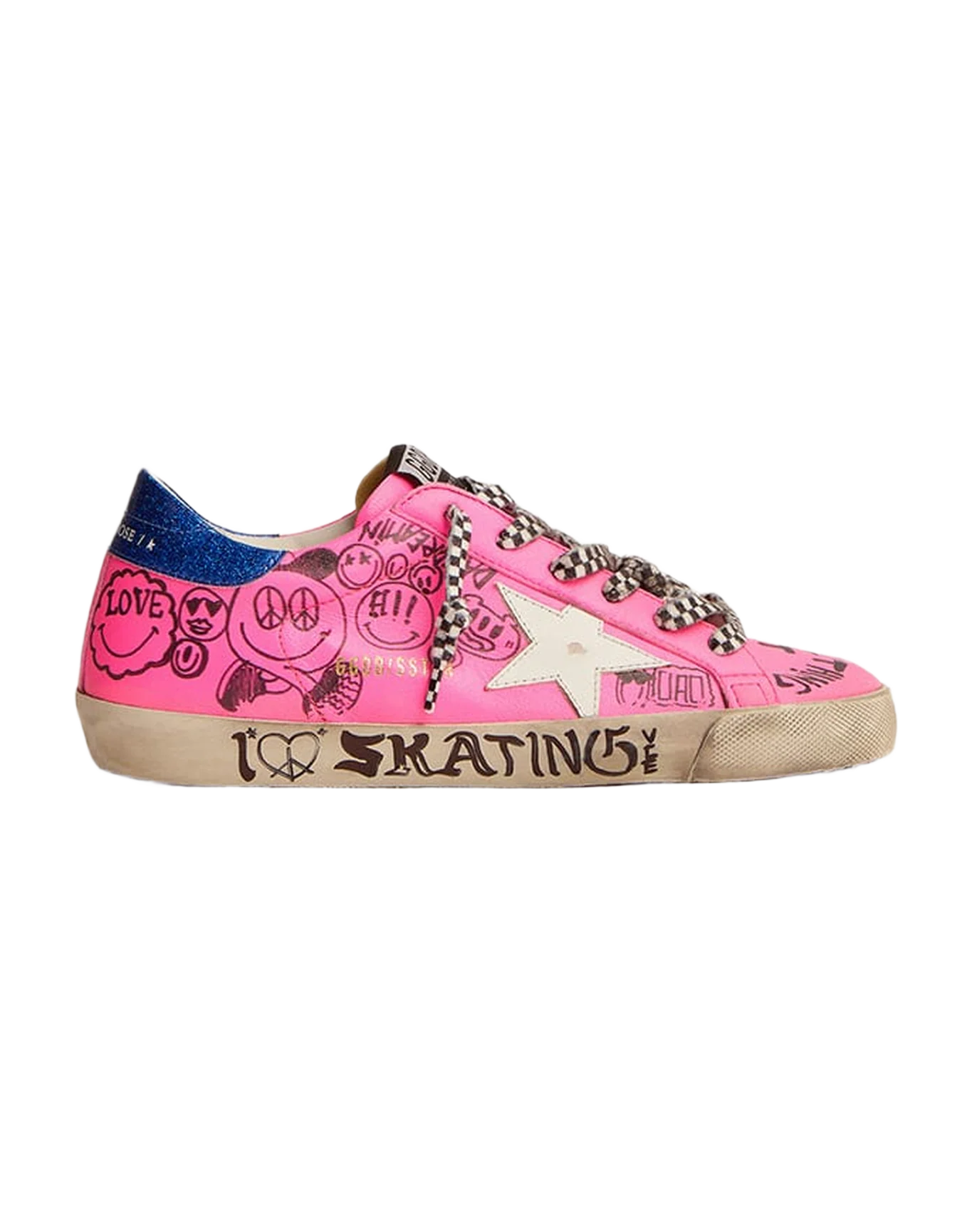 Women | Super-Star Sneakers Hot Pink Leather with Graffiti Print & White Star | Fuchsia Black x White x Electric Blue - Image 4