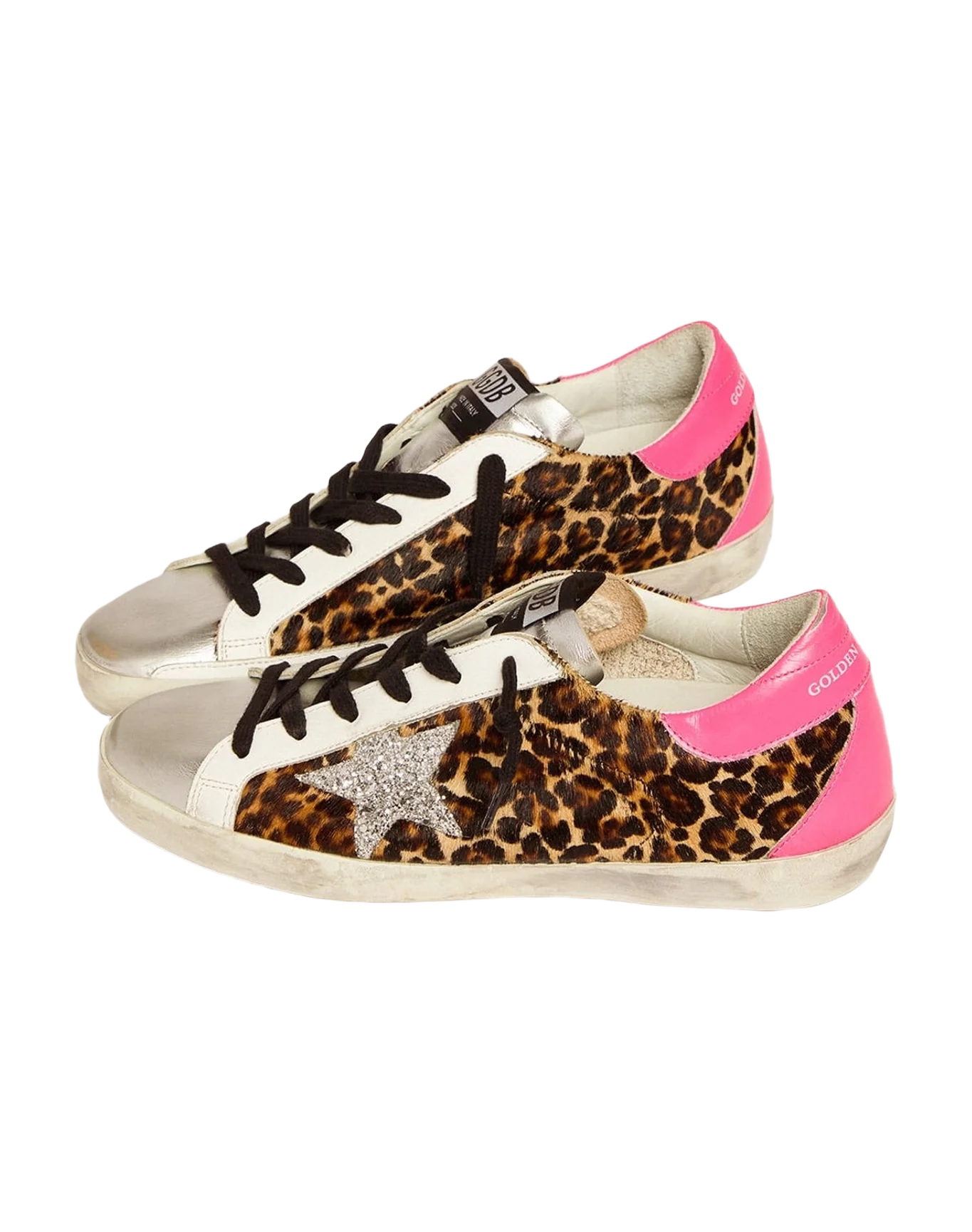 Women | Super-Star Sneakers Leopard-Print Pony Skin with Silver Glitter Star | Beige Brown Leo x Silver x Fuchsia Fluo