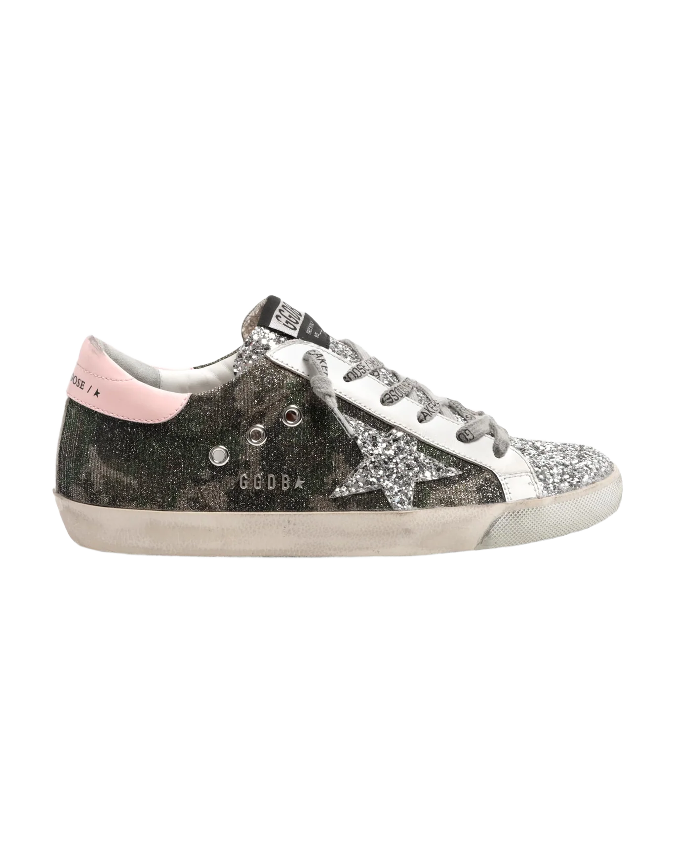 Women | Super-Star Sneakers Mimetic Glitter with Silver Glitter Star & Insert & Pink Leather Heel Tab | Green Camouflage x Silver x Pink x White - Image 7