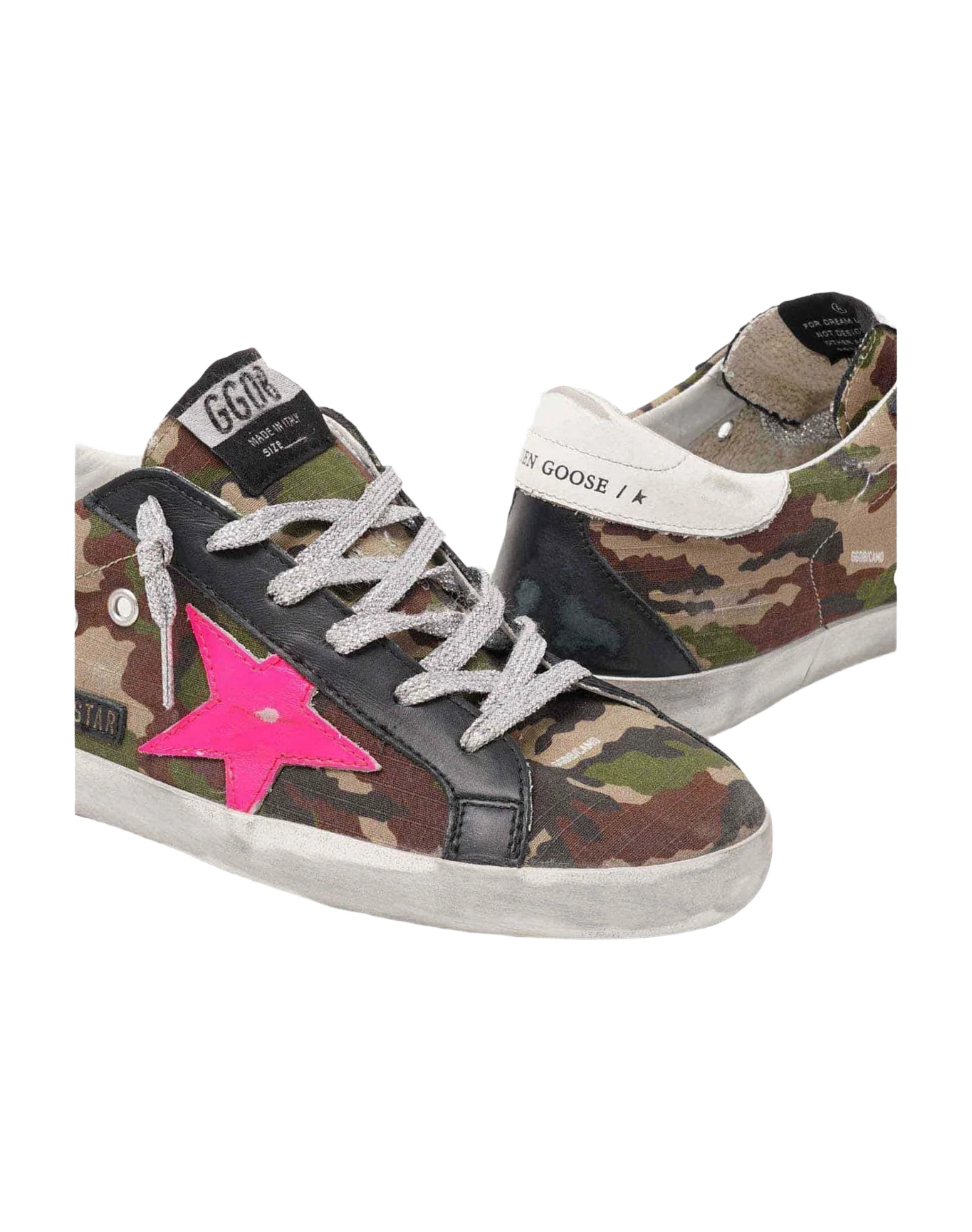 Women | Super-Star Sneakers Mimetic Print with Fucsia Leather Star & White & Black Leather Heel Tab | Green Camouflage x Fuxia Fluo x White x Black