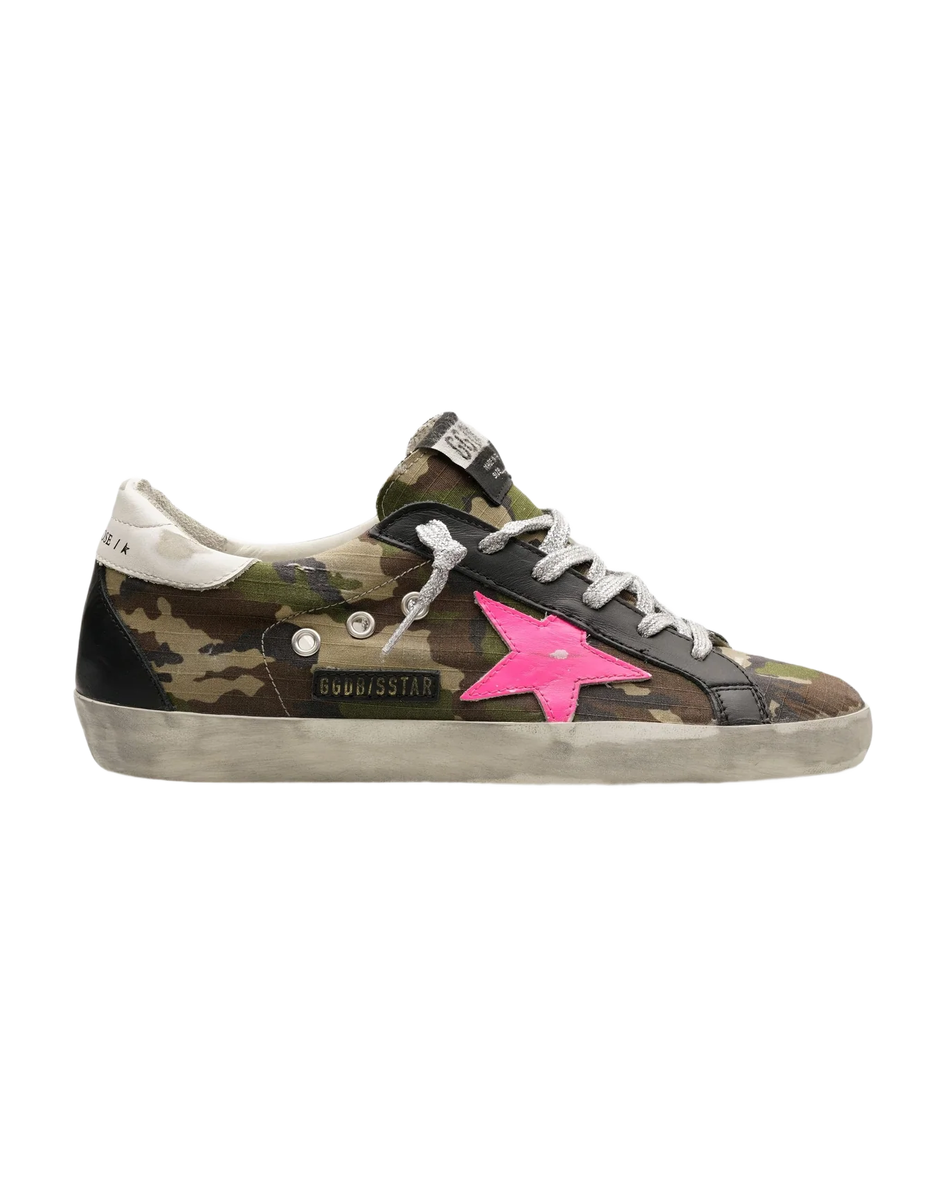 Women | Super-Star Sneakers Mimetic Print with Fucsia Leather Star & White & Black Leather Heel Tab | Green Camouflage x Fuxia Fluo x White x Black - Image 2