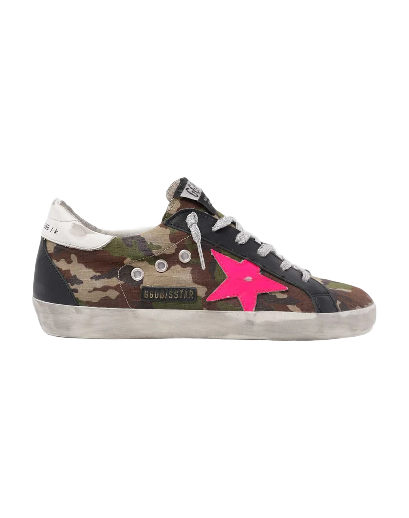 Women | Super-Star Sneakers Mimetic Print with Fucsia Leather Star & White & Black Leather Heel Tab | Green Camouflage x Fuxia Fluo x White x Black - Image 4