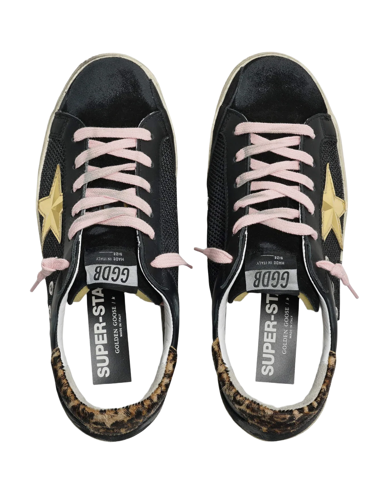 Women | Super-Star Sneakers Perforated Leather with Golden 3D Star | Black x Gold x Beige Brown Leo - Image 2