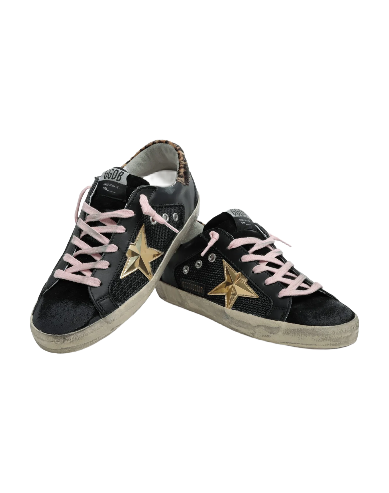 Women | Super-Star Sneakers Perforated Leather with Golden 3D Star | Black x Gold x Beige Brown Leo - Image 4
