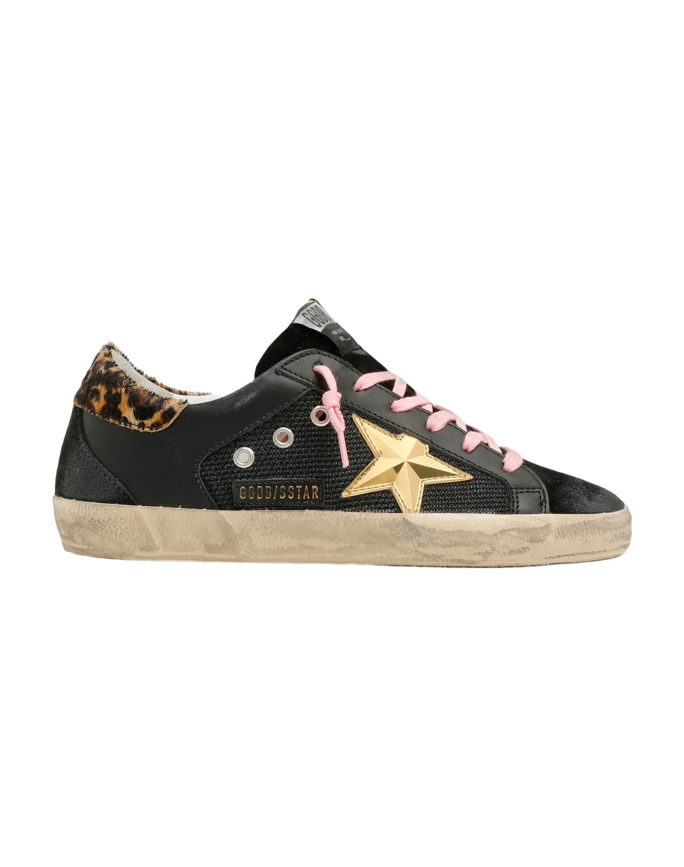 Women | Super-Star Sneakers Perforated Leather with Golden 3D Star | Black x Gold x Beige Brown Leo - Image 5
