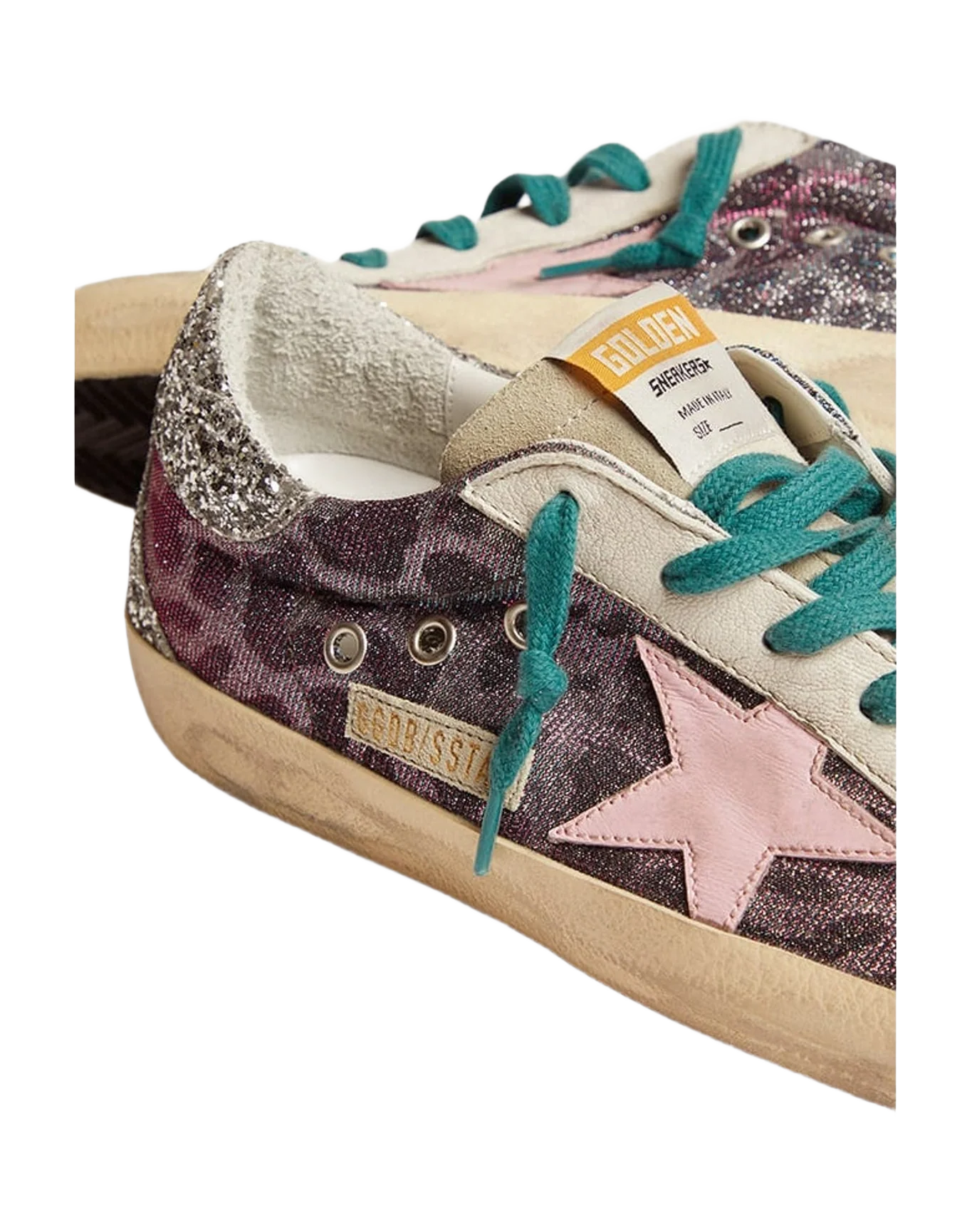 Women | Super-Star Sneakers Pink Leopard Print with Pink Leather Star & Silver Glitter Heel Tab | Purple Black Leo x Ice x Orchid Pink x Silver
