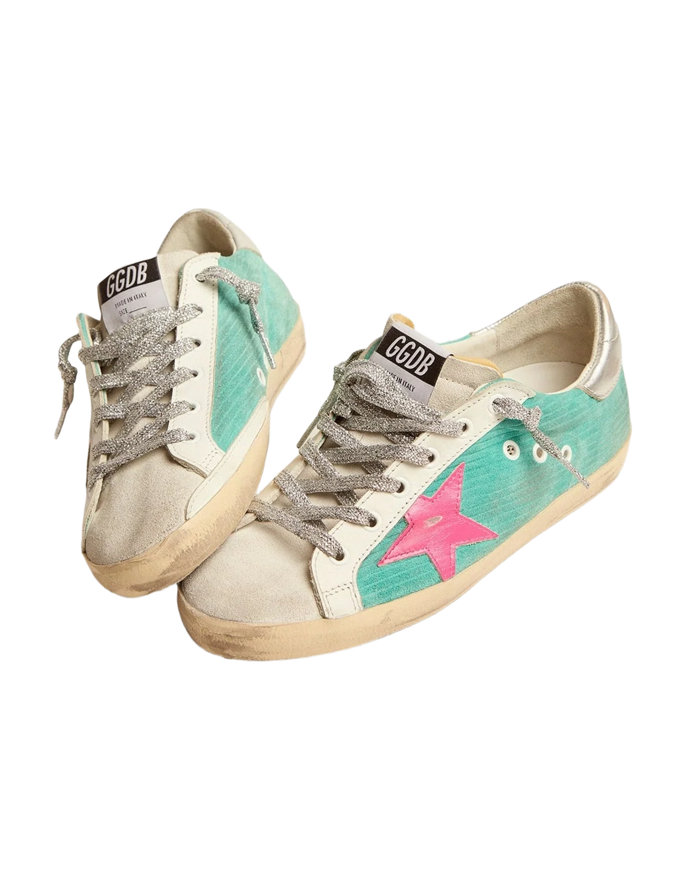 Women | Super-Star Sneakers Turquoise Suede with Corduroy Print & Fluorescent Pink Leather Star | Maldive x Fluo Pink x Optic White x Silver